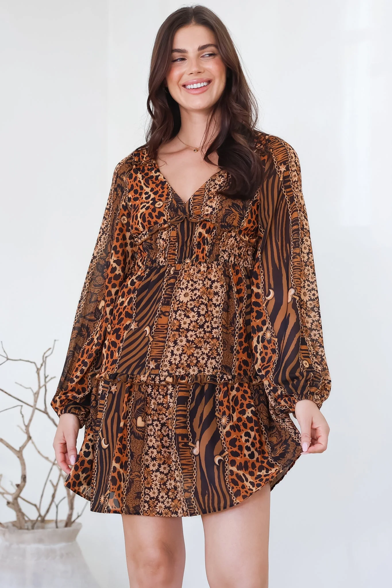 Arcadia Mini Dress - V-Neck Ruffle Splicing Long Sleeve Dress in Riley Print - Image 5