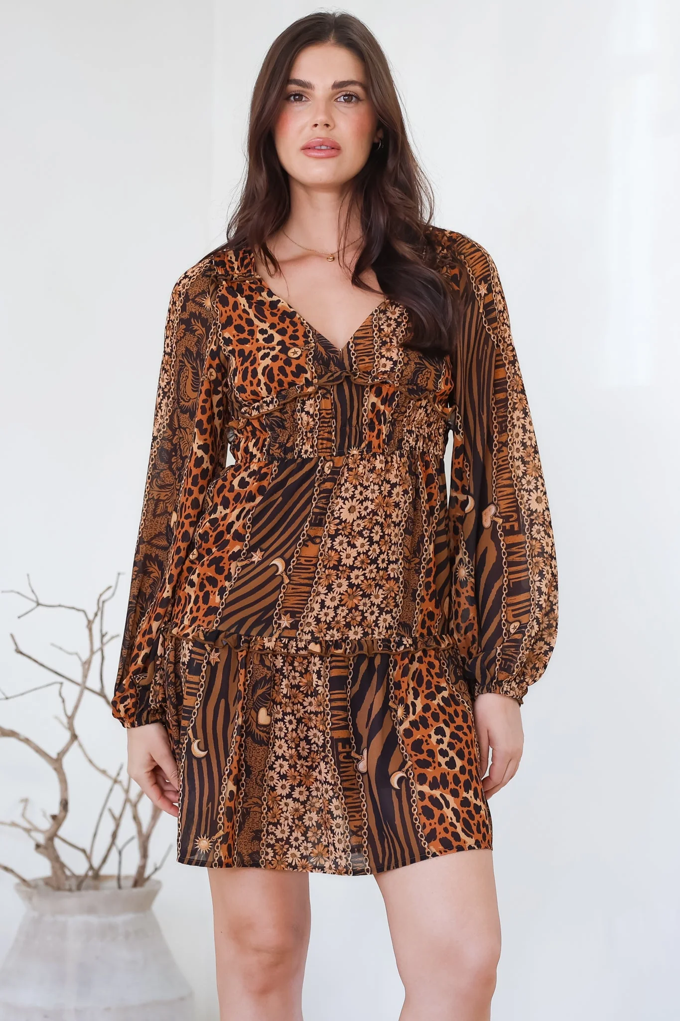 Arcadia Mini Dress - V-Neck Ruffle Splicing Long Sleeve Dress in Riley Print - Image 6
