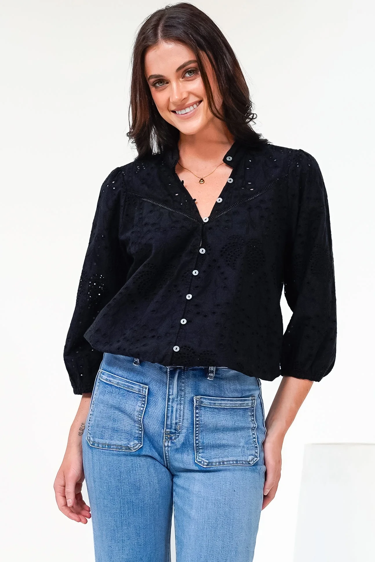 Ardena Blouse - Eyelet Embroidery Cotton Button Down with 3/4 Sleeves in Black - Image 3