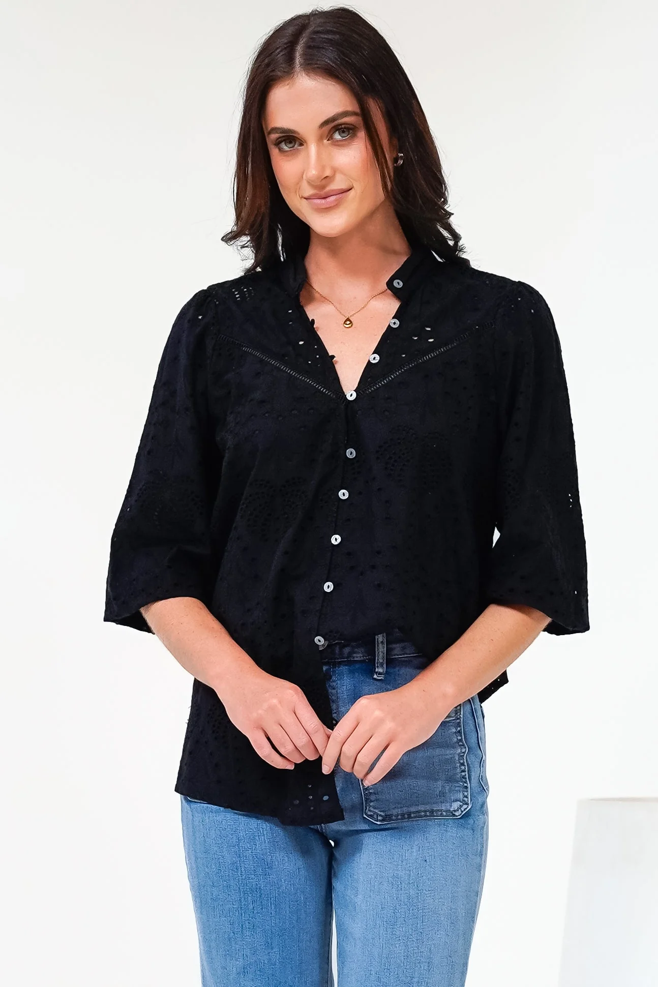 Ardena Blouse - Eyelet Embroidery Cotton Button Down with 3/4 Sleeves in Black - Image 5