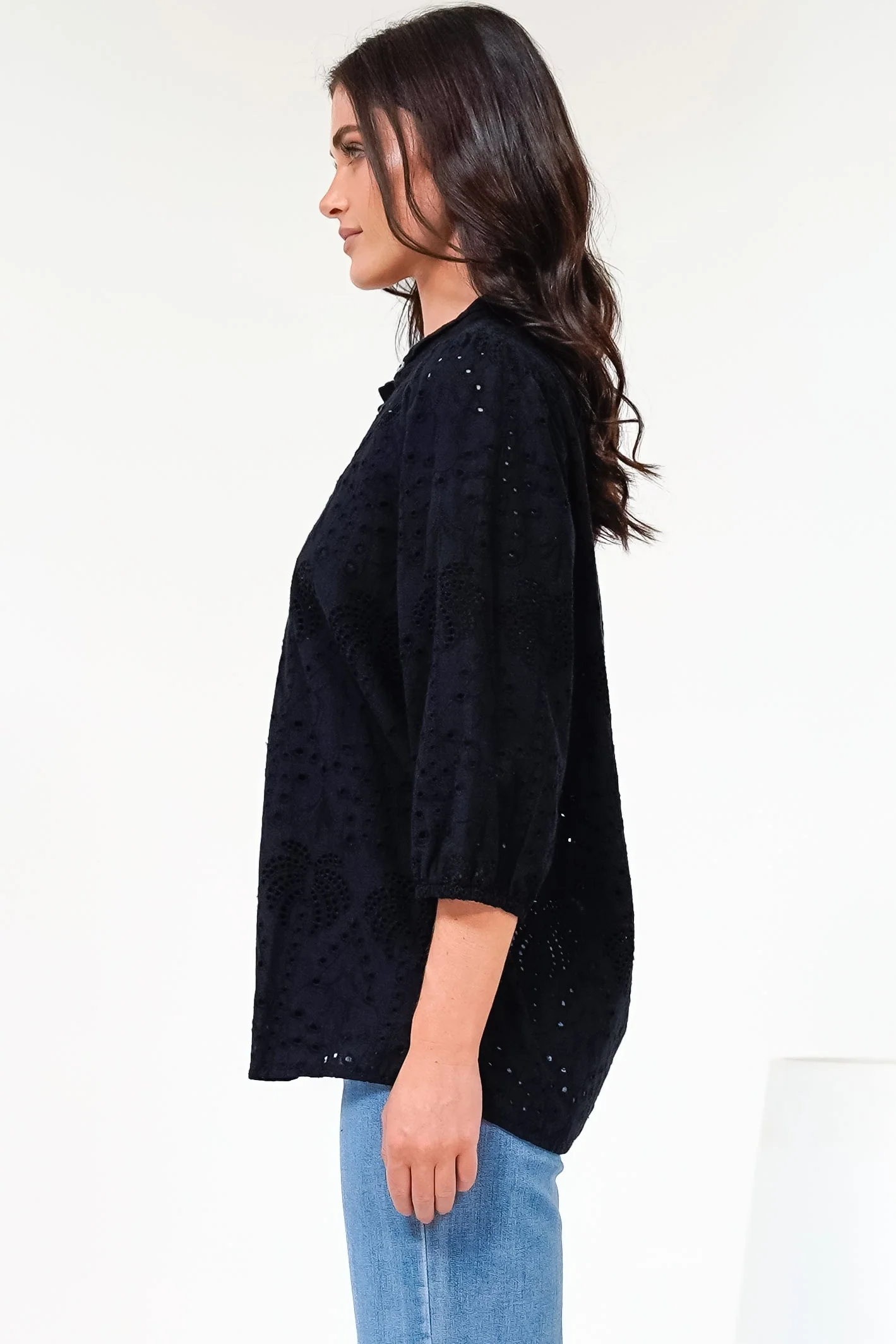 Ardena Blouse - Eyelet Embroidery Cotton Button Down with 3/4 Sleeves in Black - Image 6