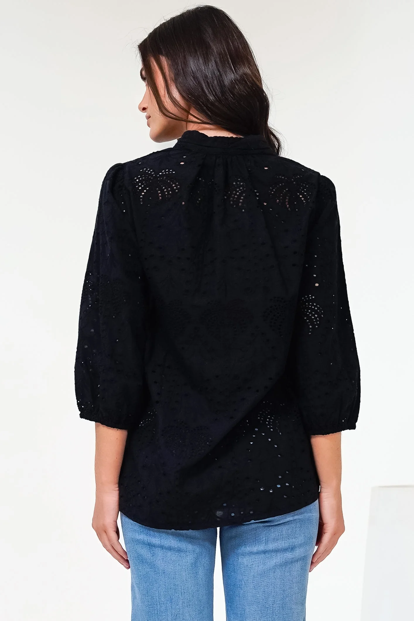 Ardena Blouse - Eyelet Embroidery Cotton Button Down with 3/4 Sleeves in Black - Image 7