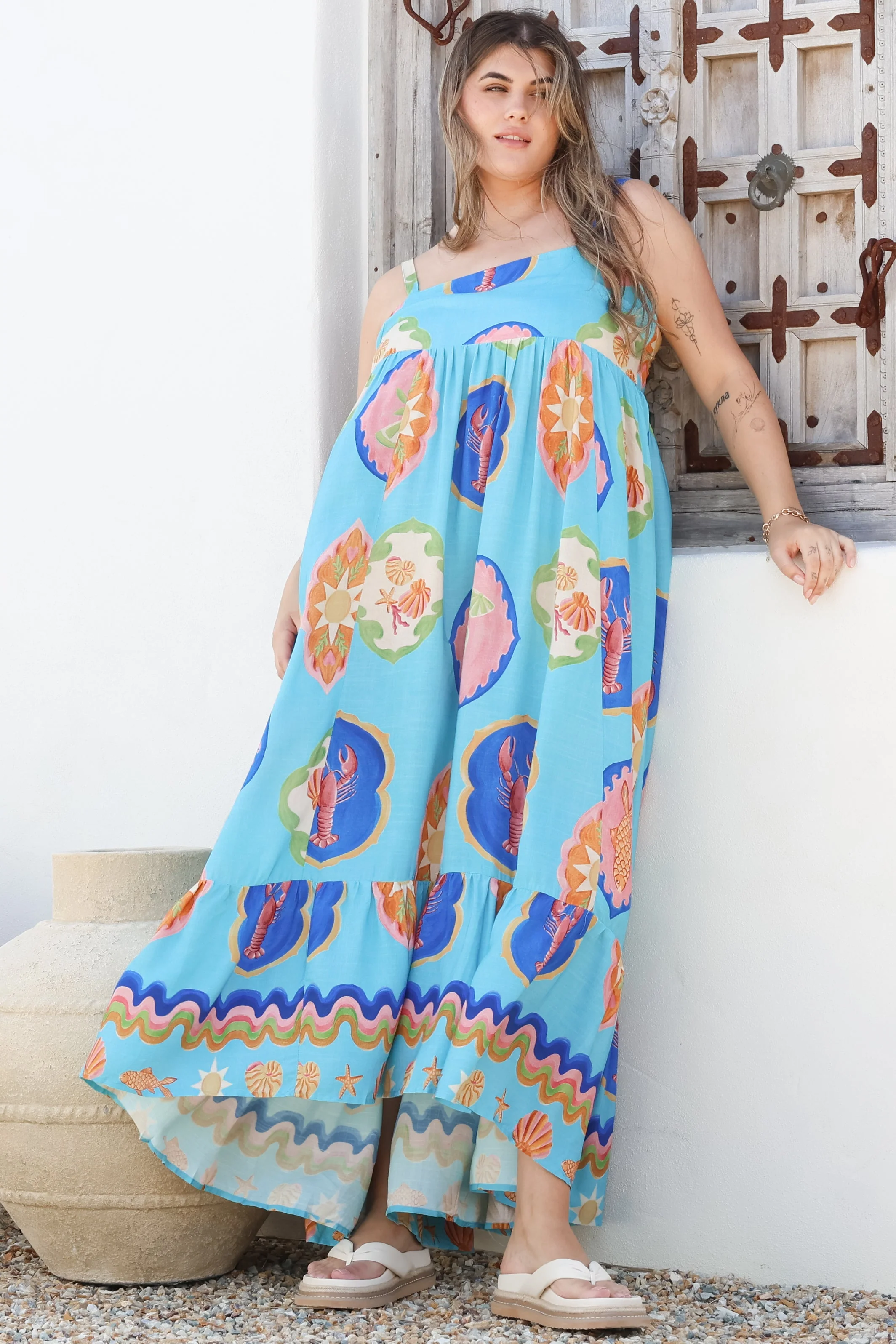 Ariel Maxi Dress - Adjustable Strap High Low Ruffle Hem Sun Dress in Boardwalk Print - Image 4