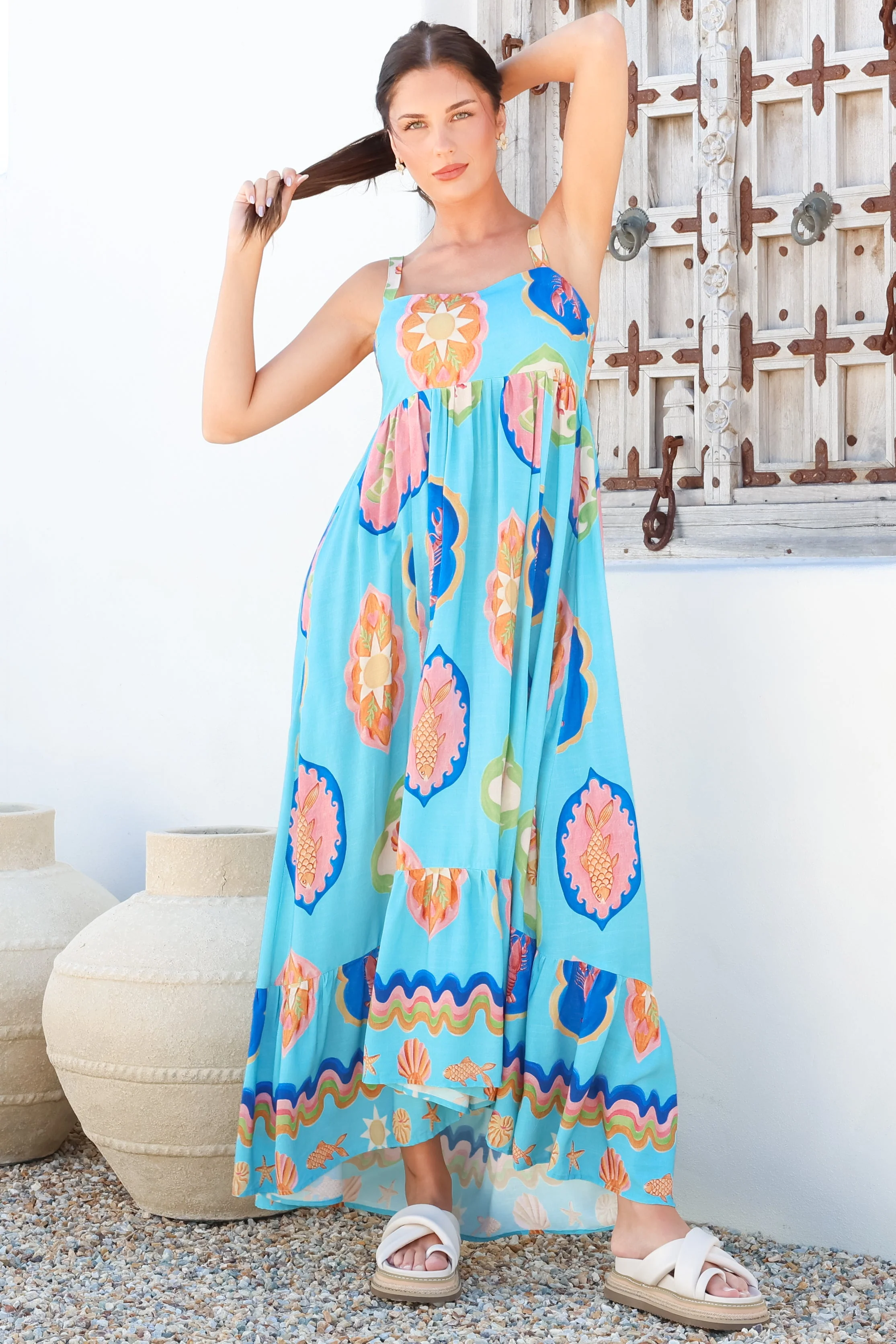 Ariel Maxi Dress - Adjustable Strap High Low Ruffle Hem Sun Dress in Boardwalk Print - Image 5