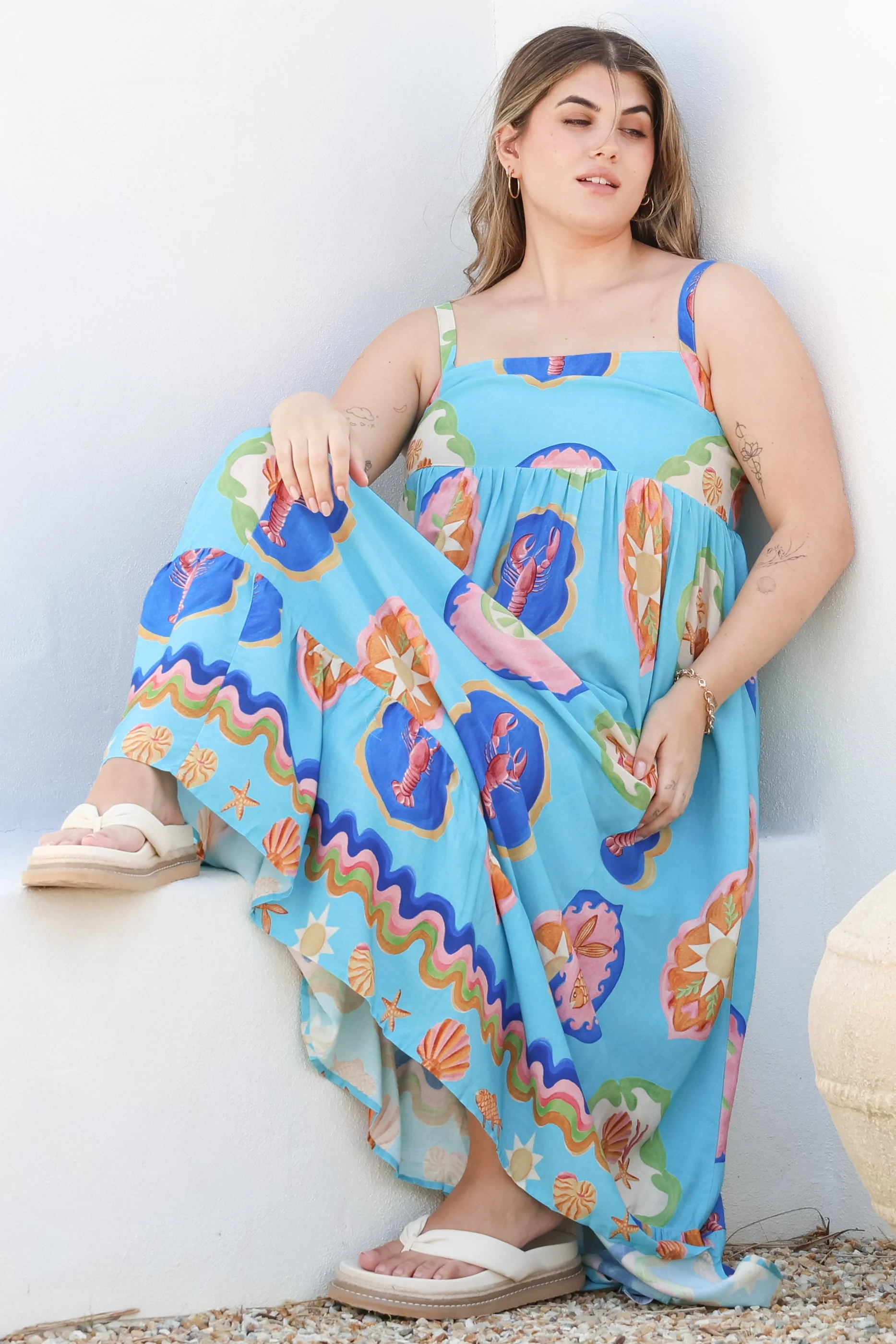 Ariel Maxi Dress - Adjustable Strap High Low Ruffle Hem Sun Dress in Boardwalk Print - Image 7