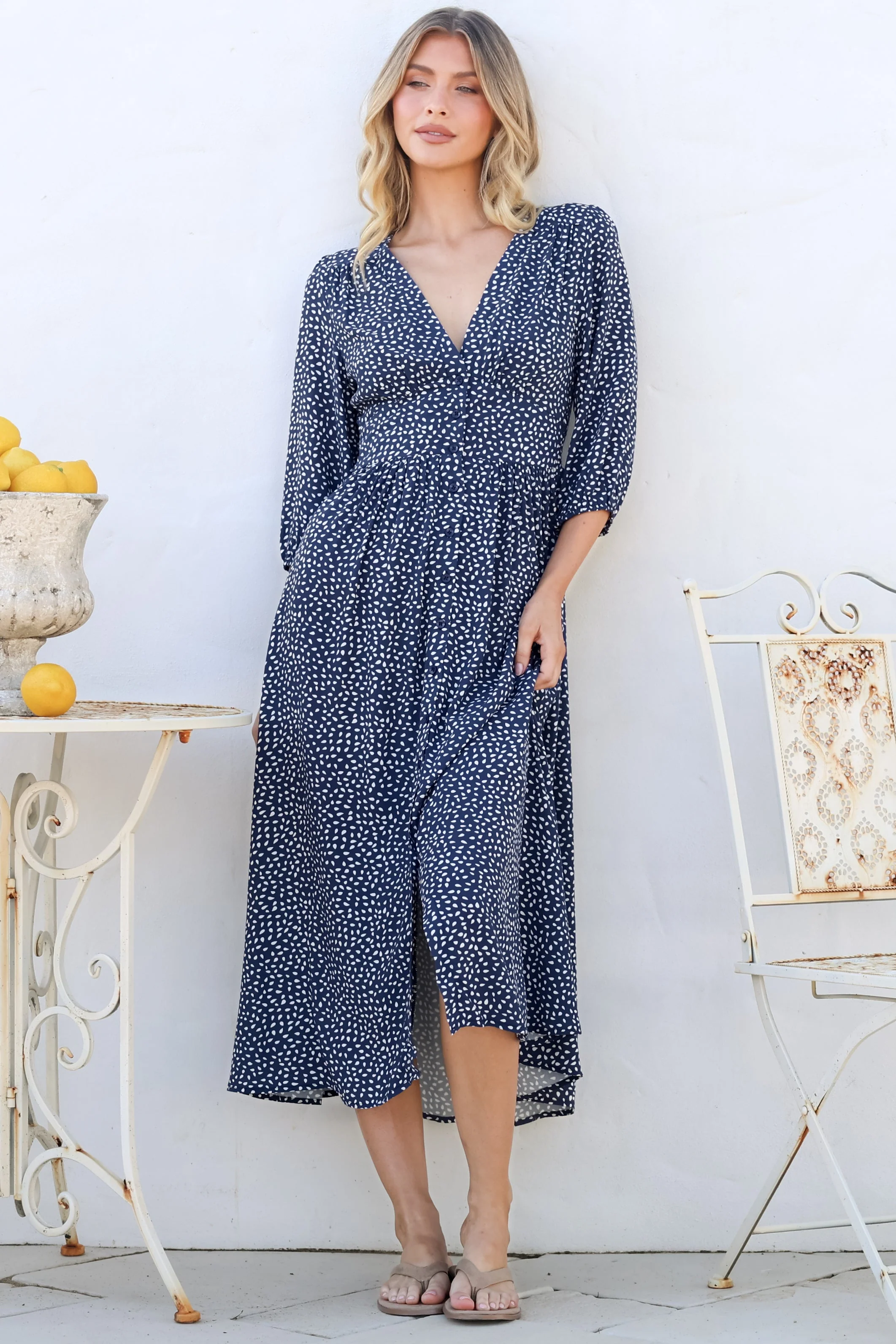 Arleni Midi Dress - V-Neck A-Line Dress with 3/4 Sleeves in Bell Print Navy - Image 2