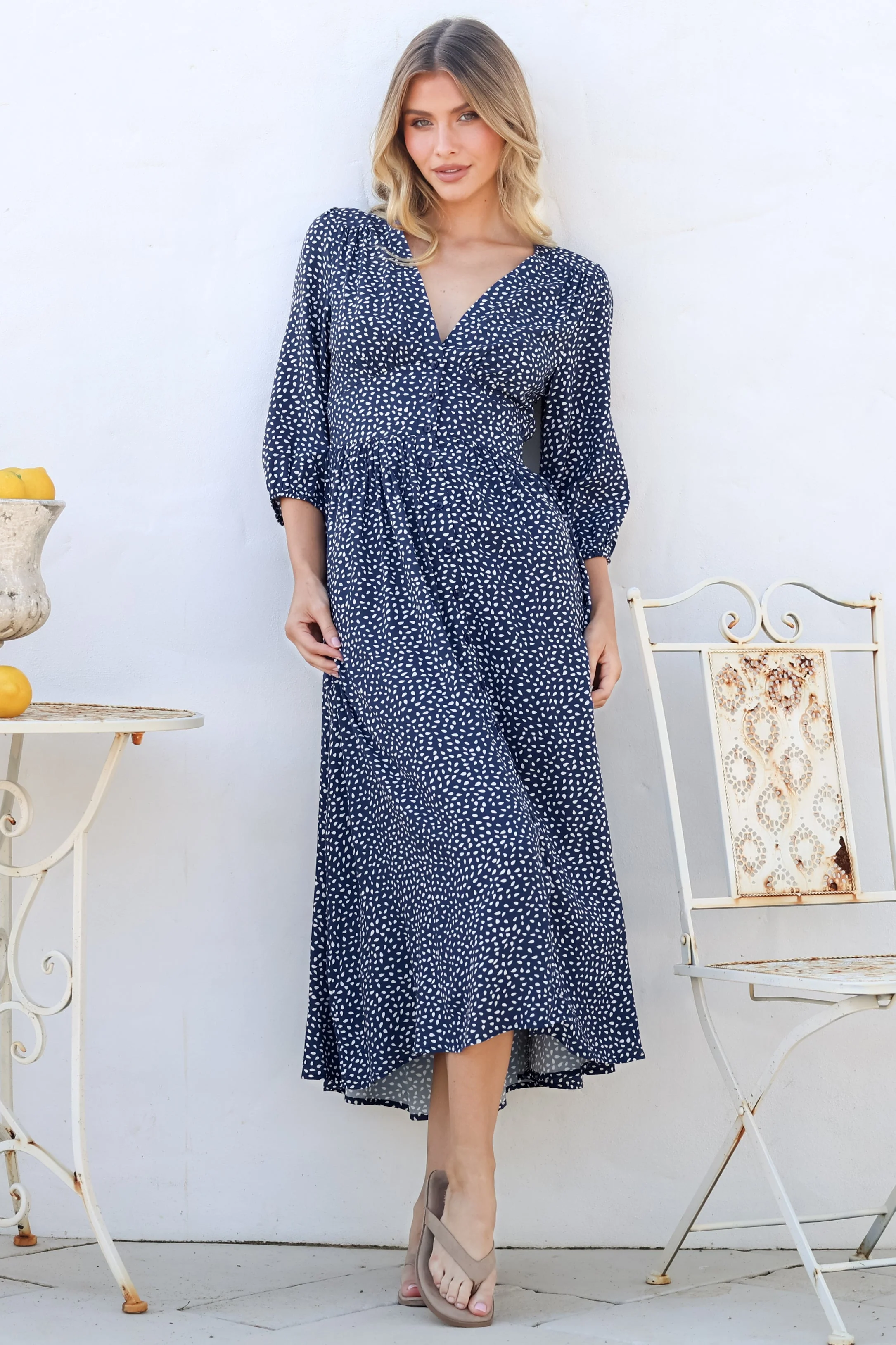 Arleni Midi Dress - V-Neck A-Line Dress with 3/4 Sleeves in Bell Print Navy - Image 4