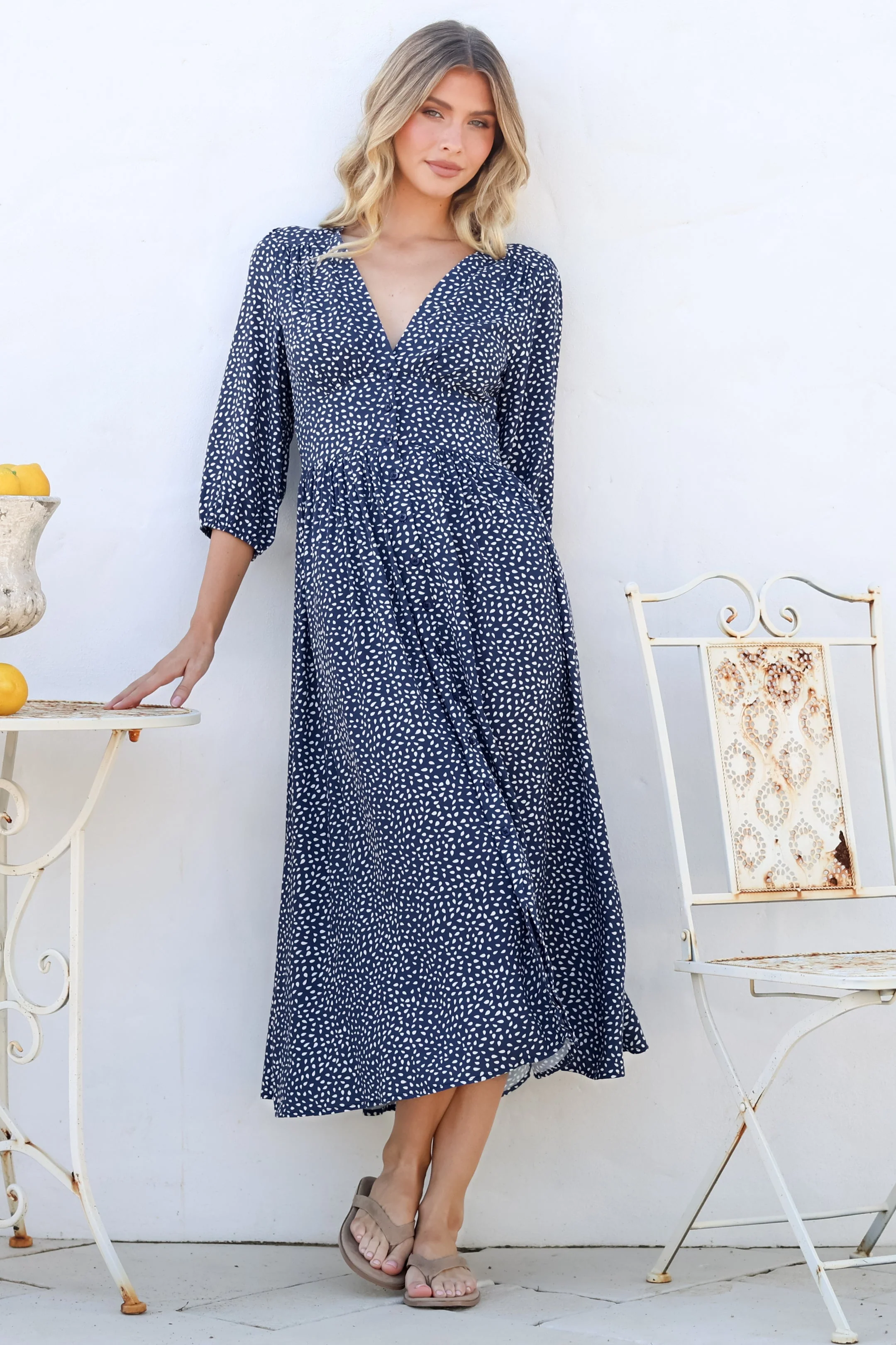 Arleni Midi Dress - V-Neck A-Line Dress with 3/4 Sleeves in Bell Print Navy - Image 5