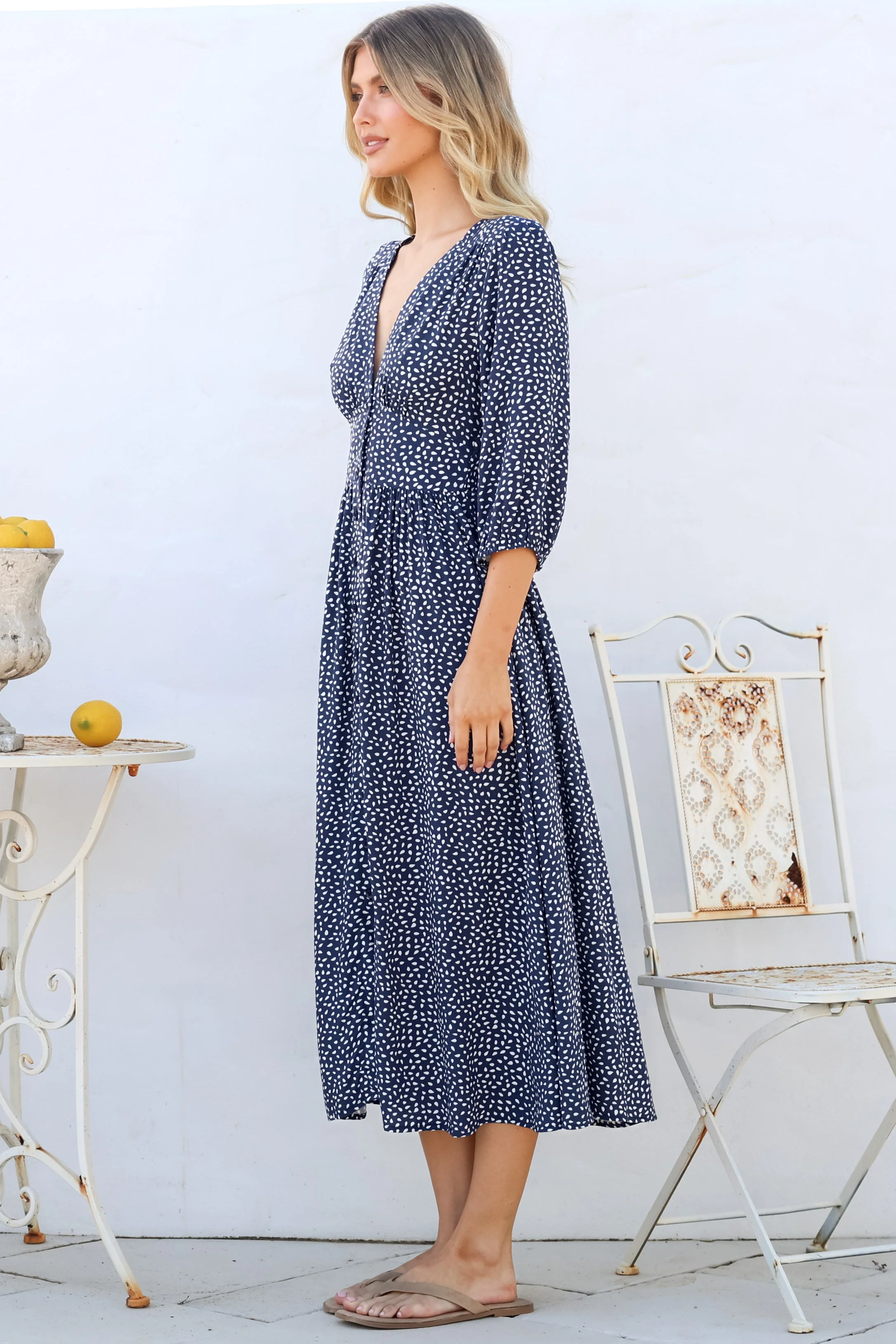 Arleni Midi Dress - V-Neck A-Line Dress with 3/4 Sleeves in Bell Print Navy - Image 8