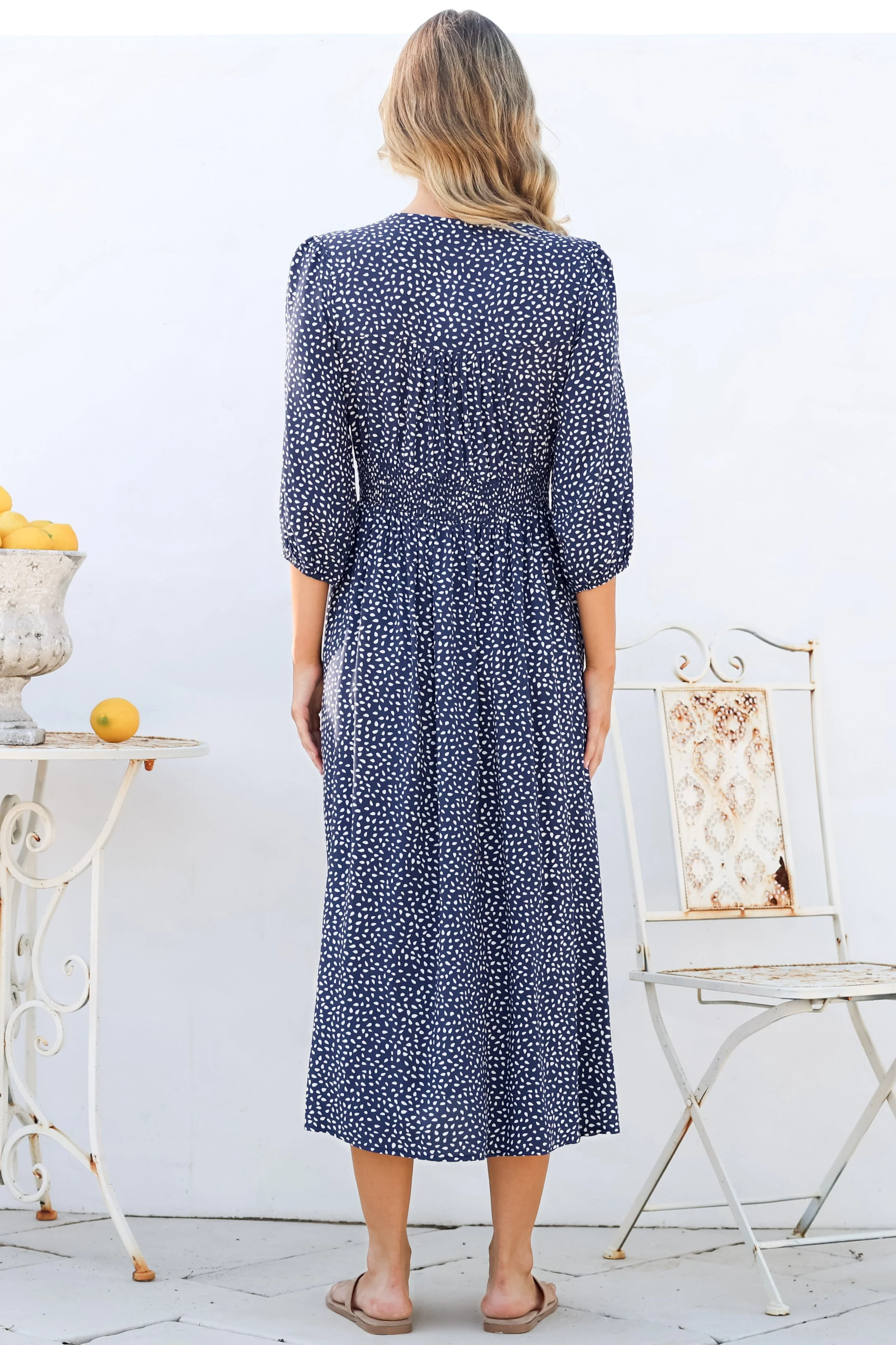 Arleni Midi Dress - V-Neck A-Line Dress with 3/4 Sleeves in Bell Print Navy - Image 9