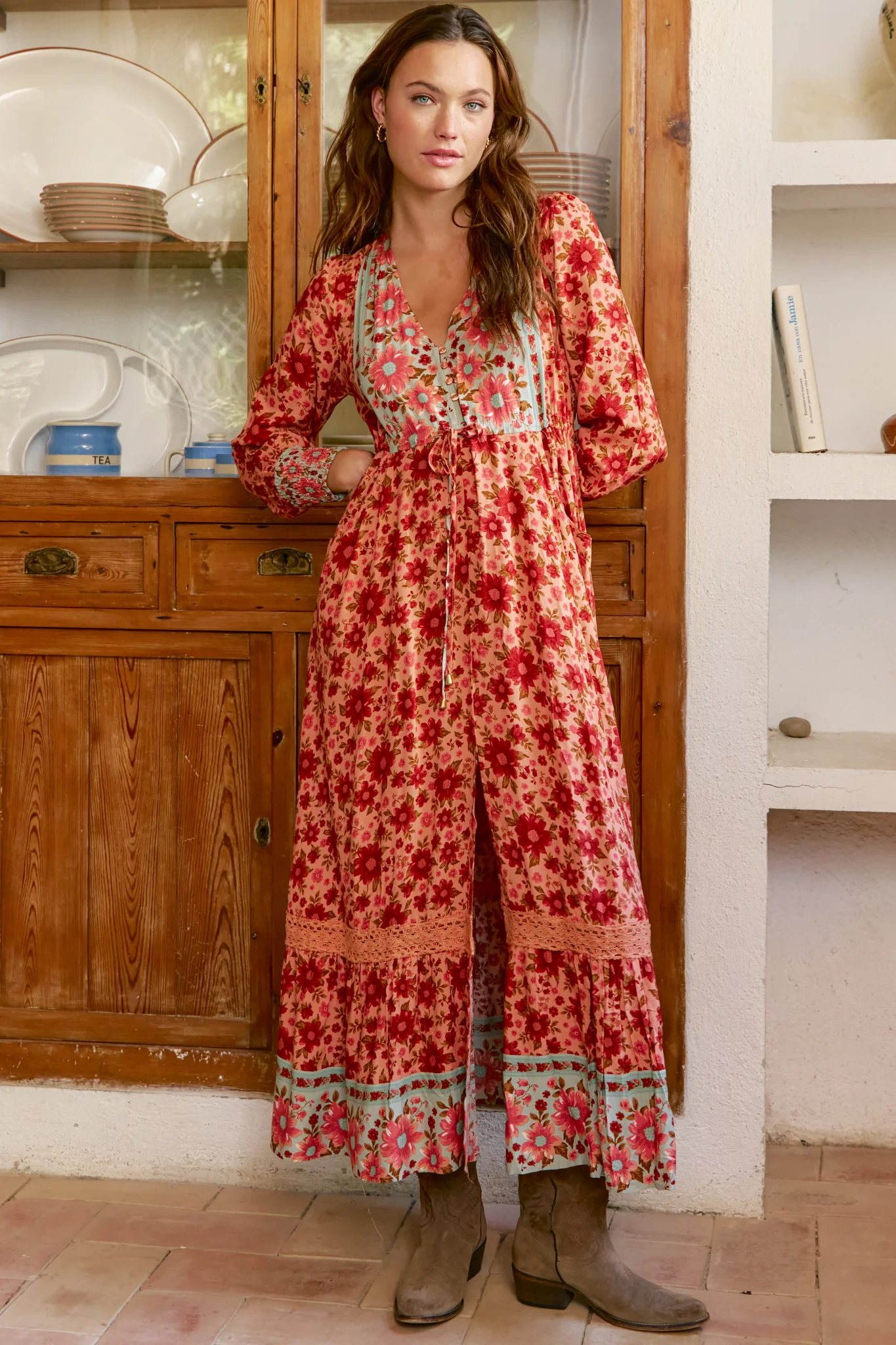 JAASE - Arlo Maxi Dress: V-Neck Pull Tie Waist Maxi With Pockets in Lillianna Print