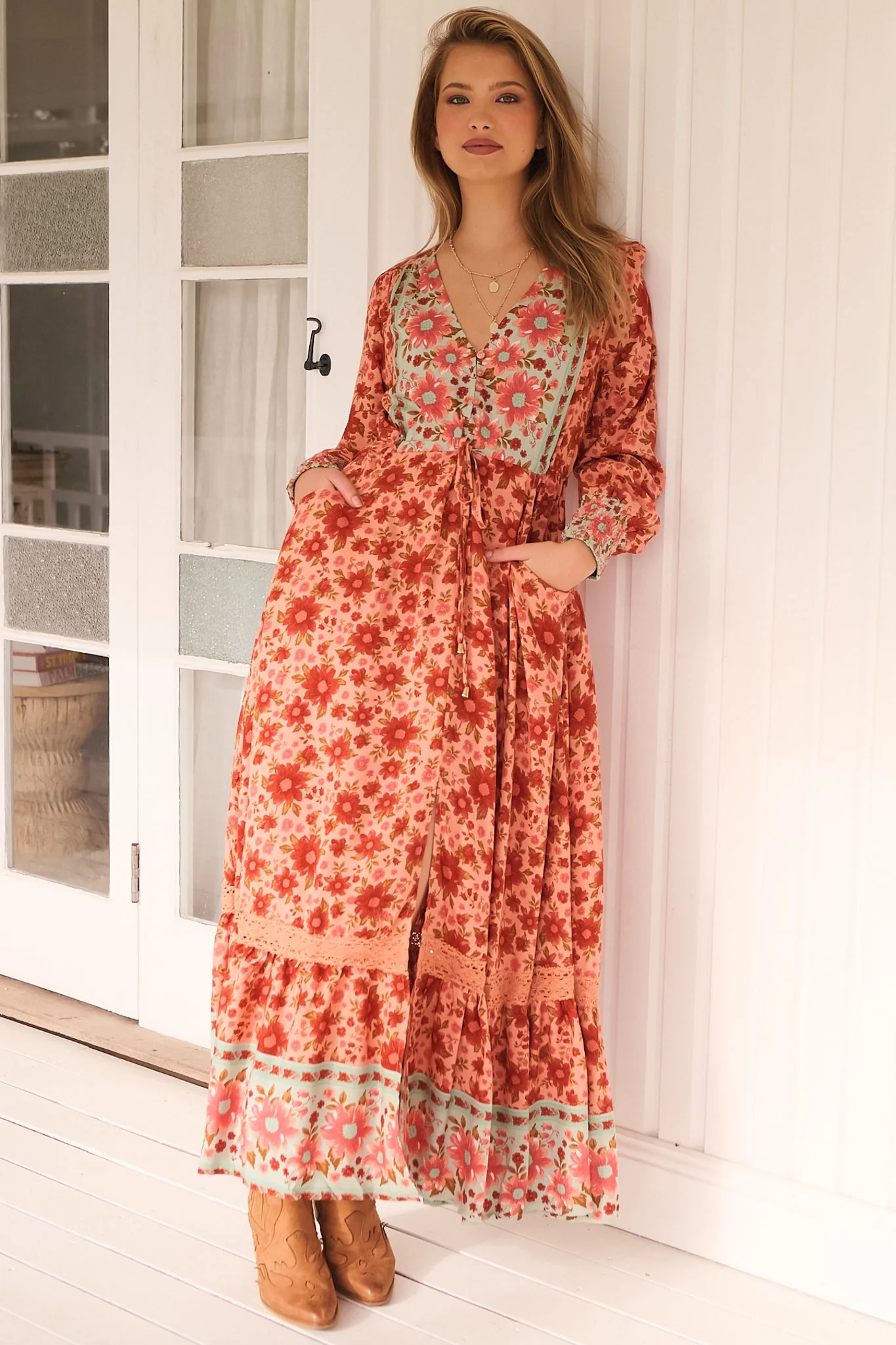 JAASE - Arlo Maxi Dress: V-Neck Pull Tie Waist Maxi With Pockets in Lillianna Print - Image 5