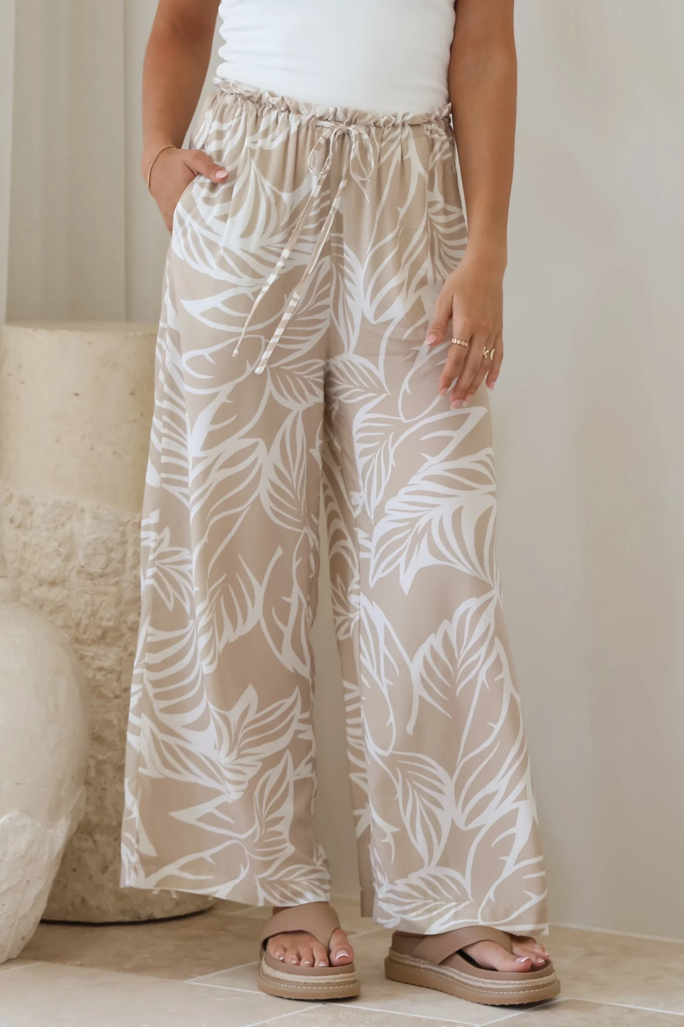 Armon Pants - Paper Bag Waist With Tie Wide Leg Pants In Jeani Print Beige - Image 6