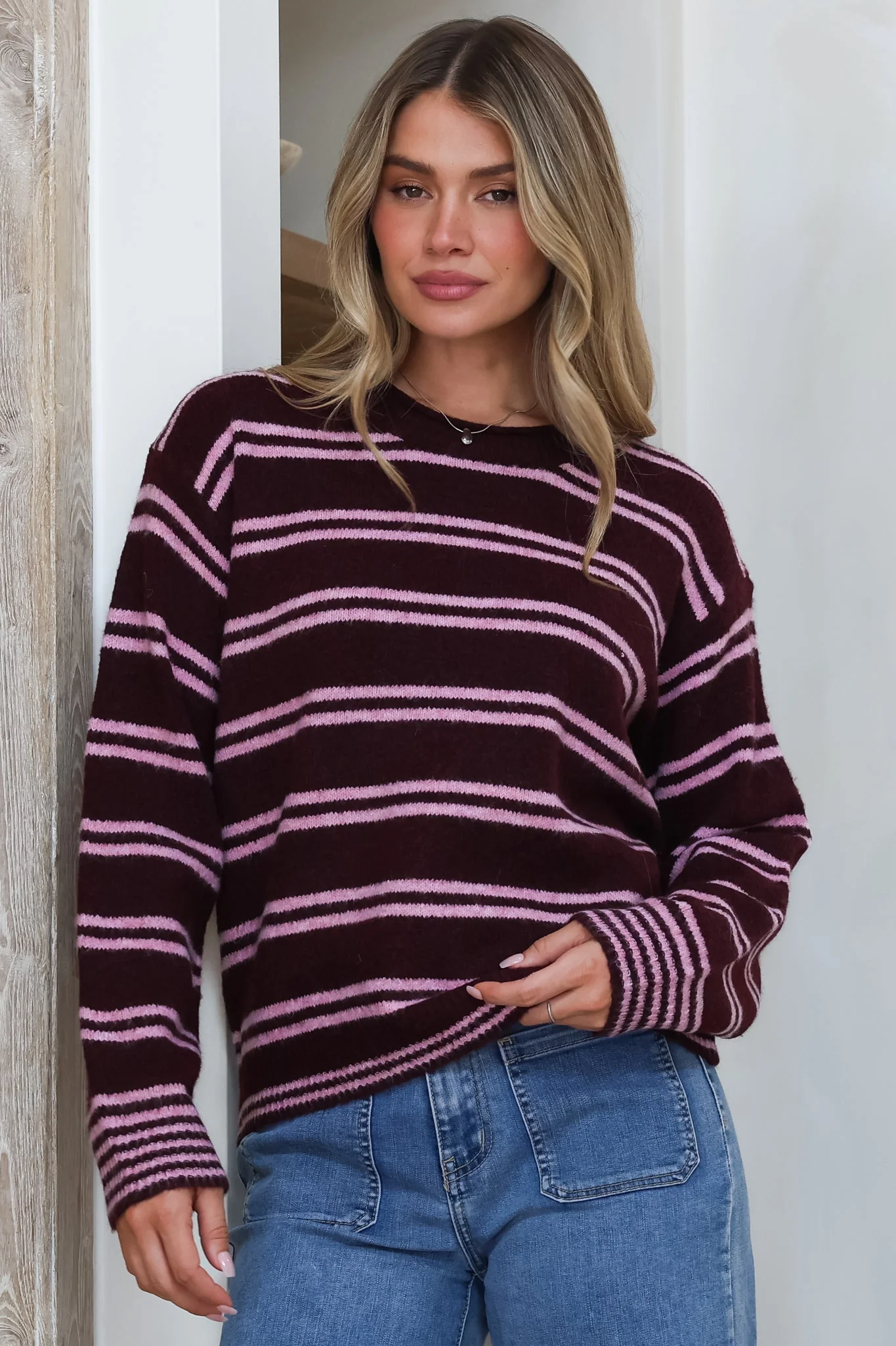 Armondo Jumper - Crew Neck Striped Drop Shoulder Knit in Wine