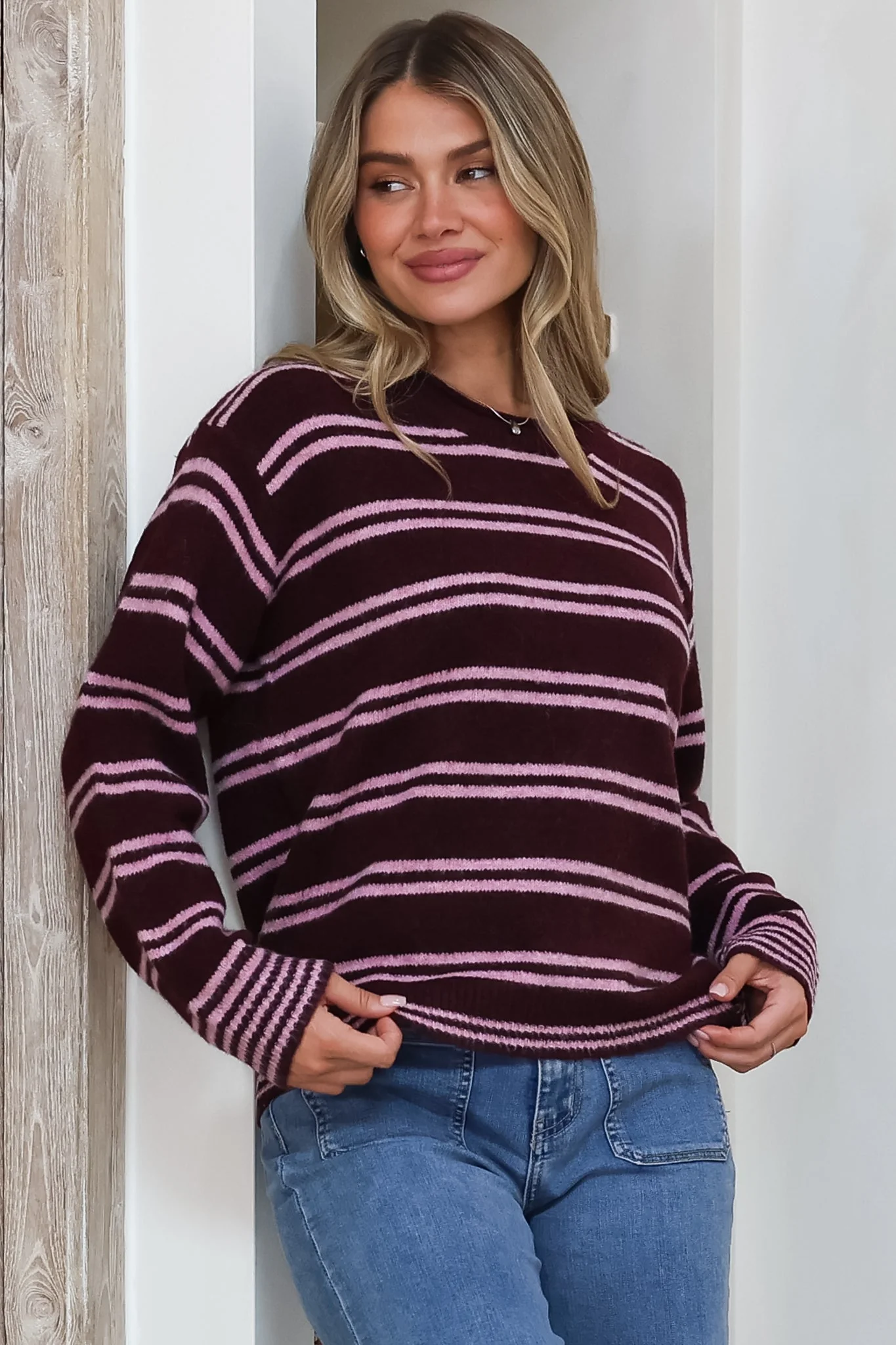 Armondo Jumper - Crew Neck Striped Drop Shoulder Knit in Wine - Image 4