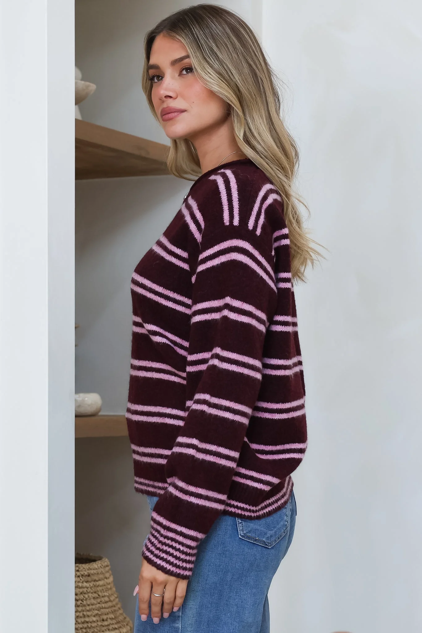 Armondo Jumper - Crew Neck Striped Drop Shoulder Knit in Wine - Image 5