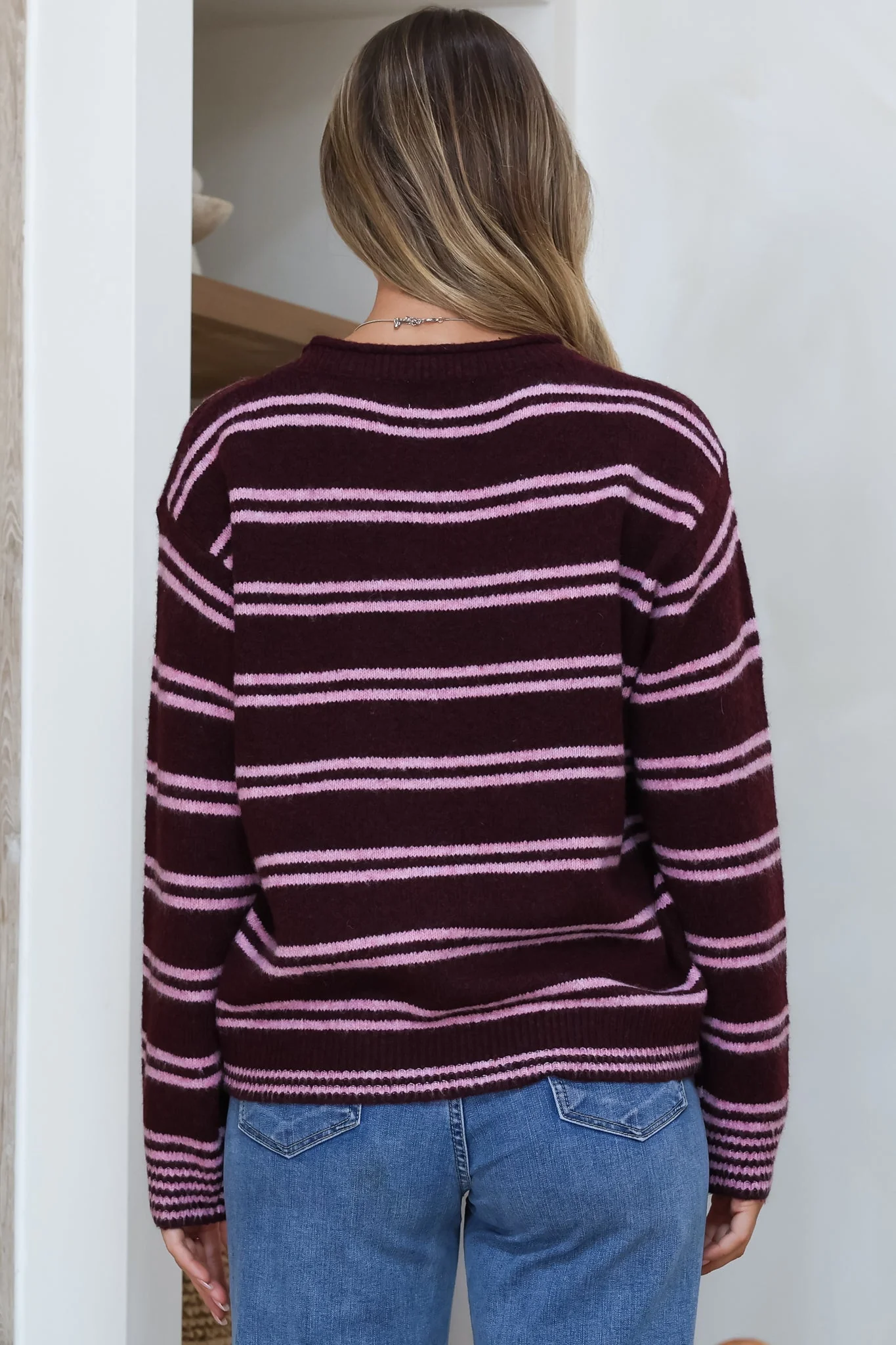 Armondo Jumper - Crew Neck Striped Drop Shoulder Knit in Wine - Image 6