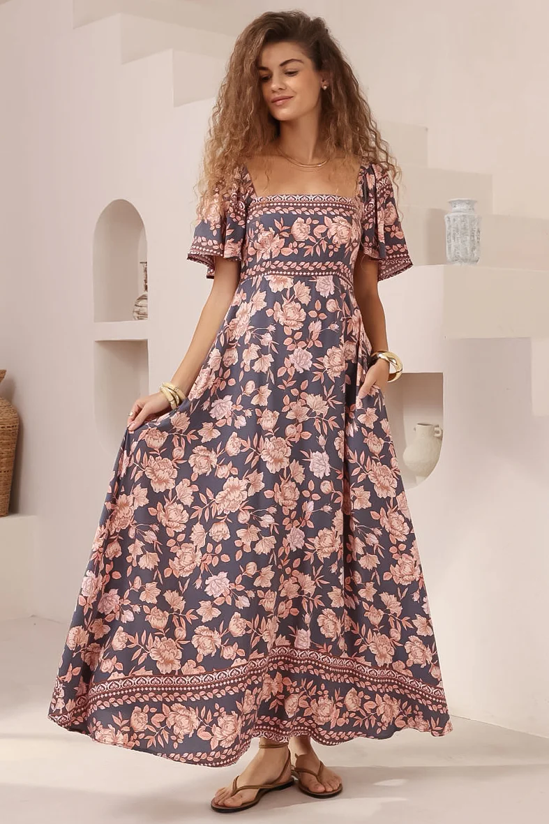 Ashby Maxi Dress - On or Off Shoulder A-Line Dress with Pockets in Leandra Print - Image 3