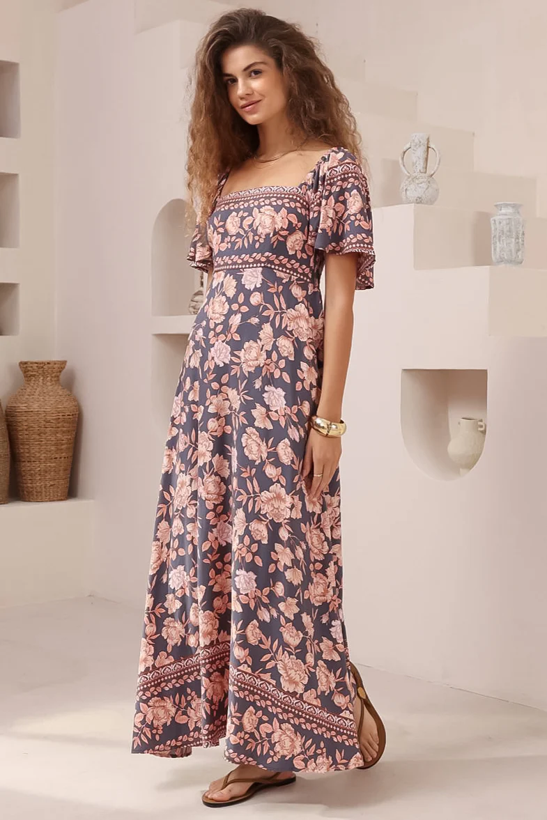 Ashby Maxi Dress - On or Off Shoulder A-Line Dress with Pockets in Leandra Print - Image 4