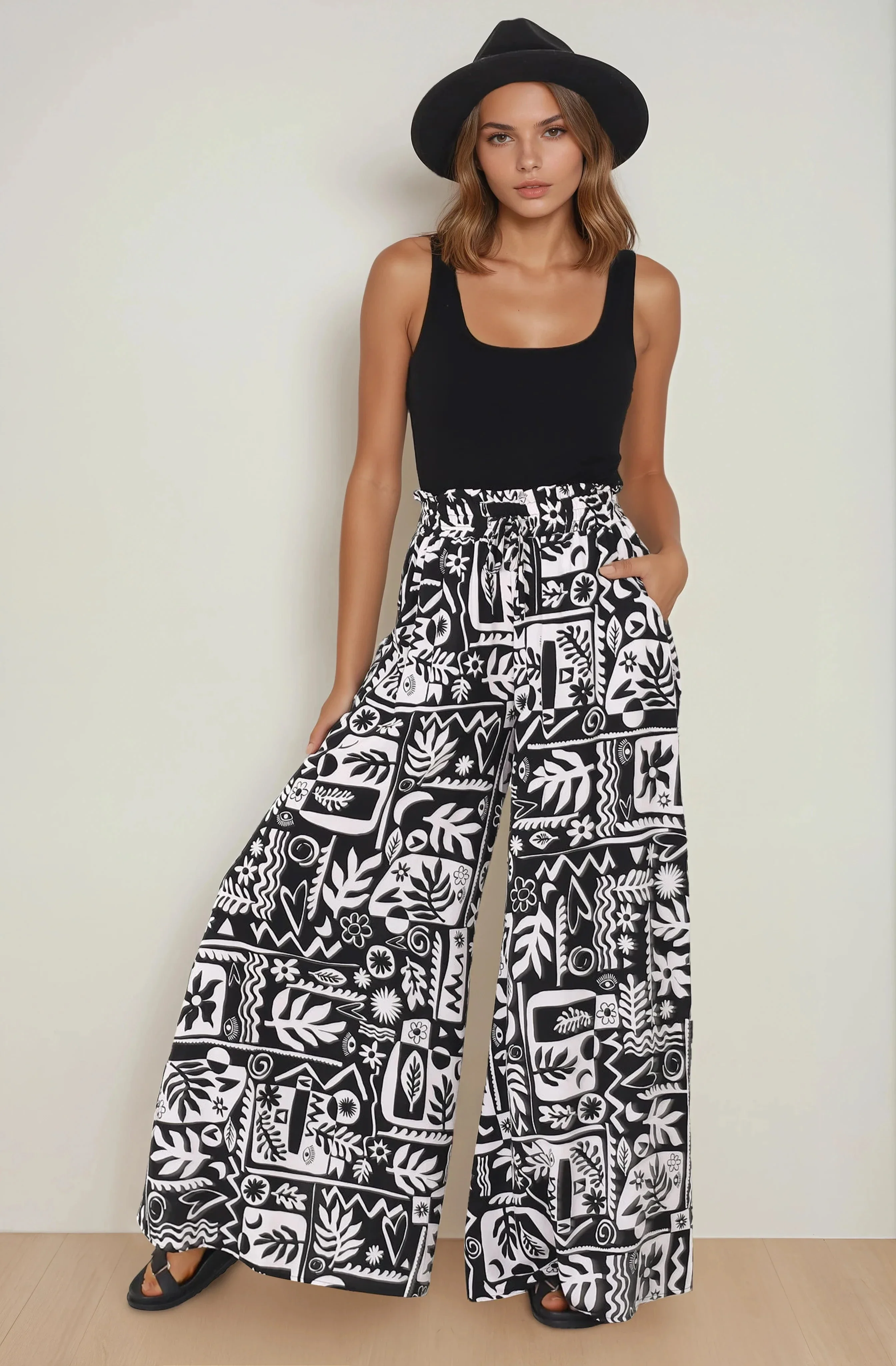 Ashora Pants - Paper Bag High Waisted Wide Leg Pants with Black & White Graphic Print - Image 10