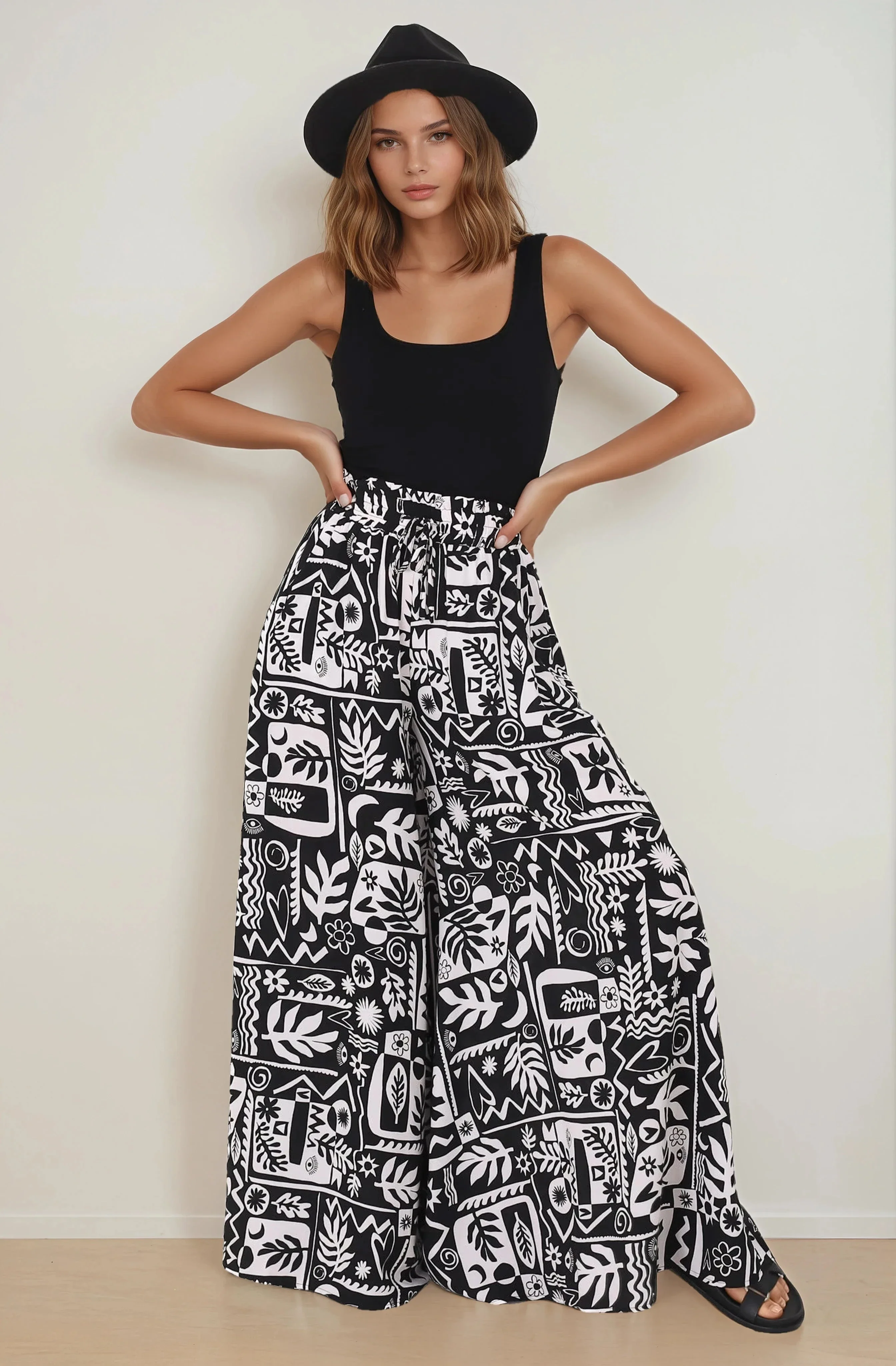 Ashora Pants - Paper Bag High Waisted Wide Leg Pants with Black & White Graphic Print - Image 11