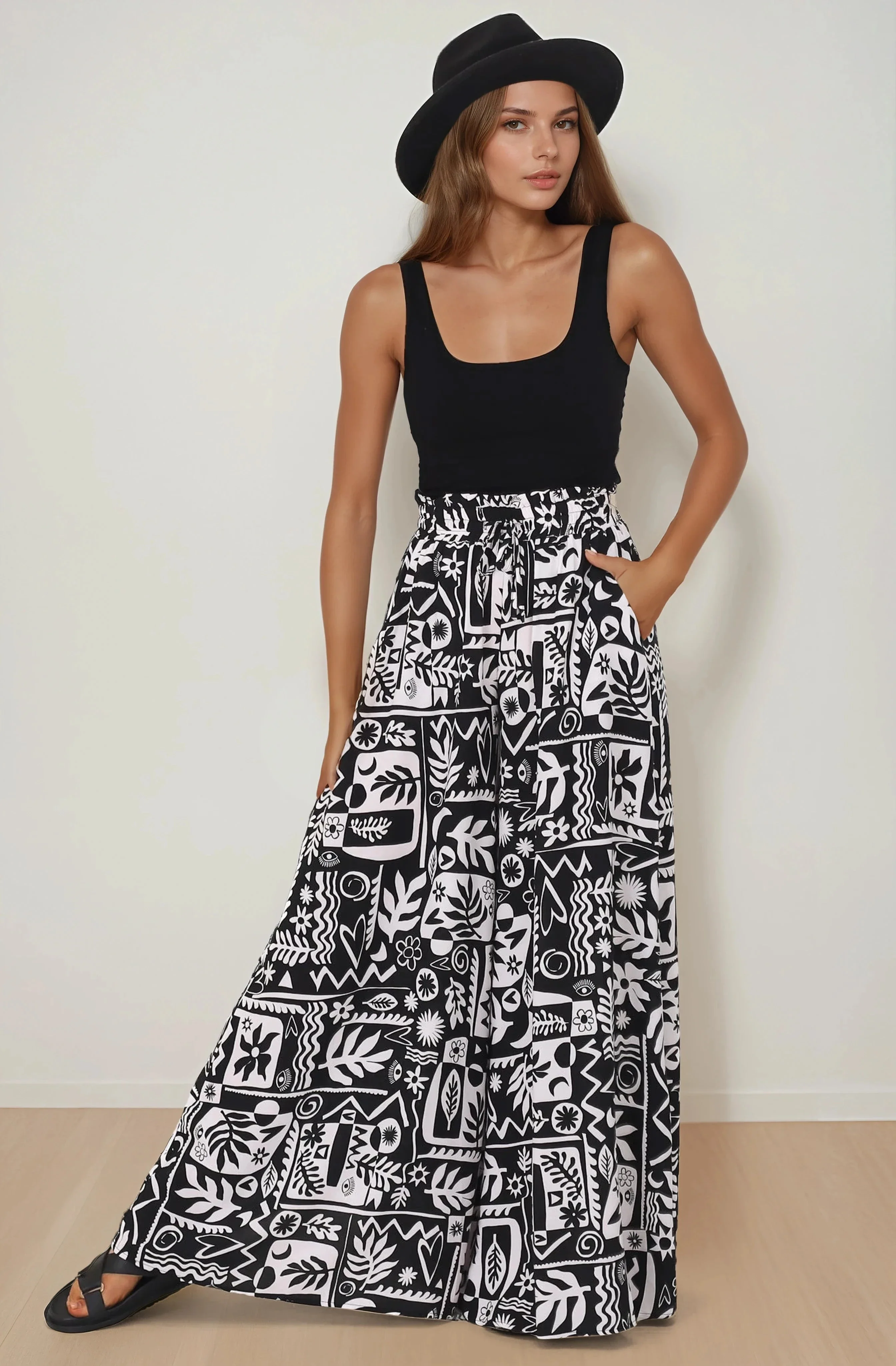 Ashora Pants - Paper Bag High Waisted Wide Leg Pants with Black & White Graphic Print - Image 12