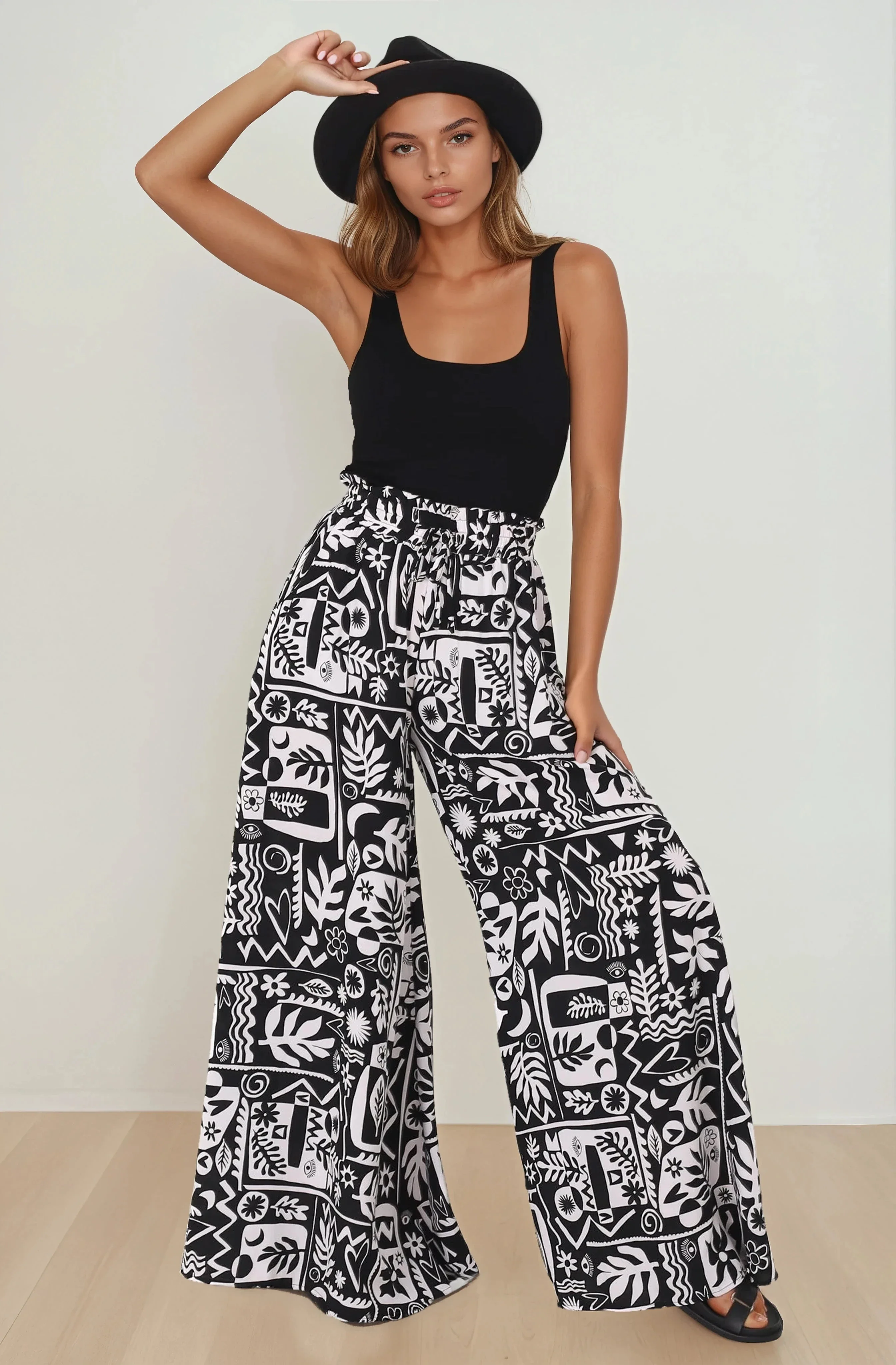 Ashora Pants - Paper Bag High Waisted Wide Leg Pants with Black & White Graphic Print - Image 13