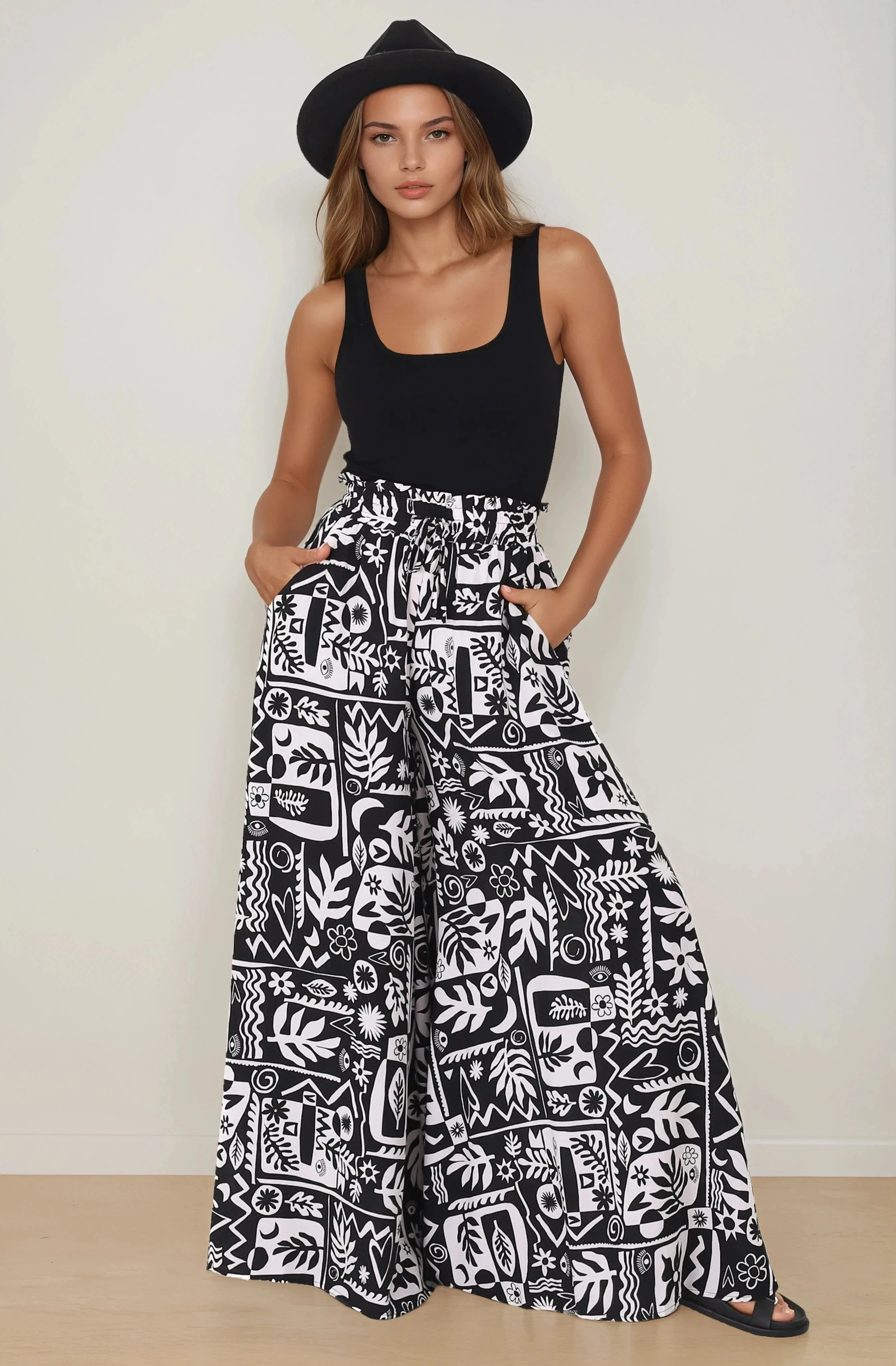 Ashora Pants - Paper Bag High Waisted Wide Leg Pants with Black & White Graphic Print - Image 14