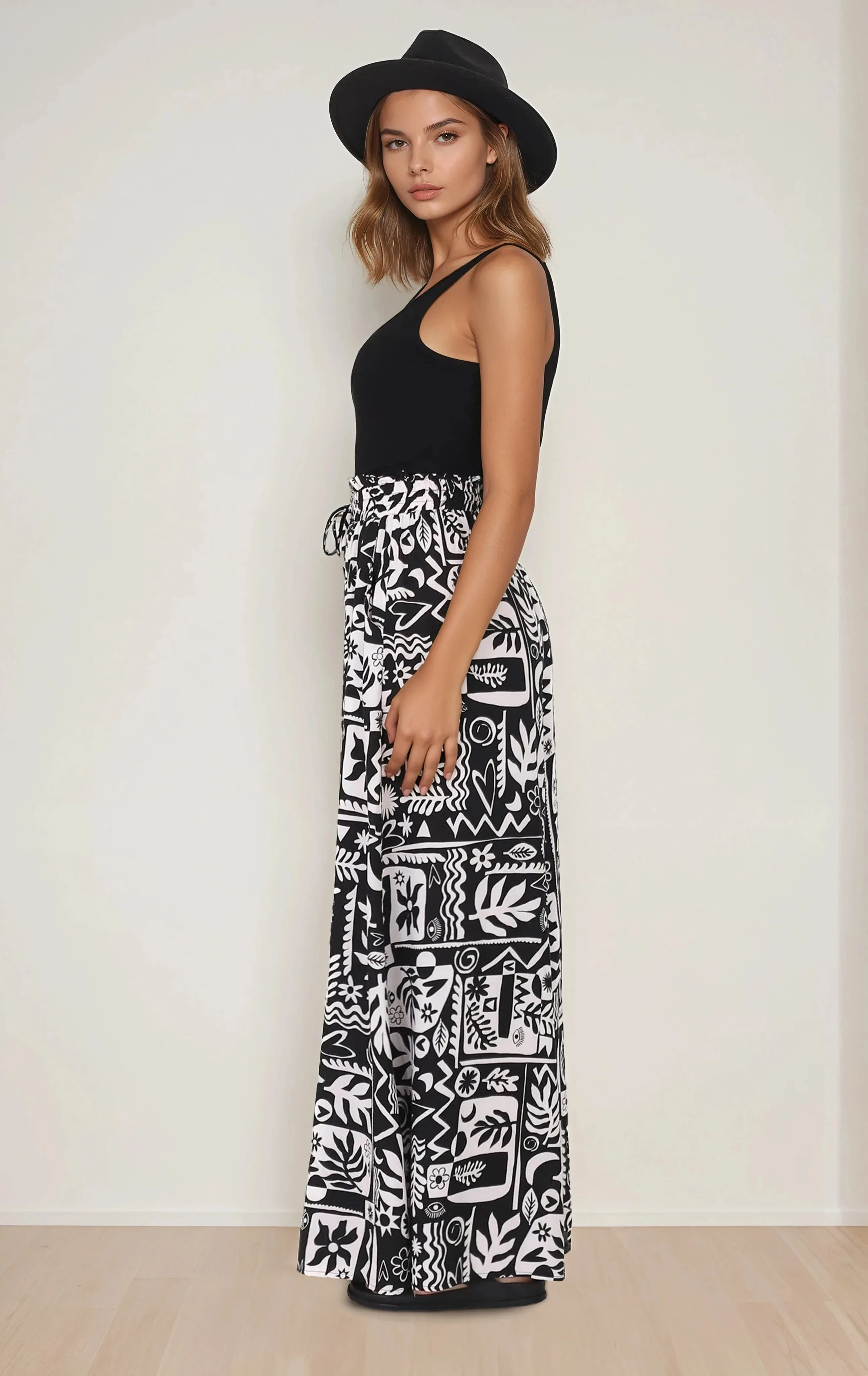 Ashora Pants - Paper Bag High Waisted Wide Leg Pants with Black & White Graphic Print - Image 15