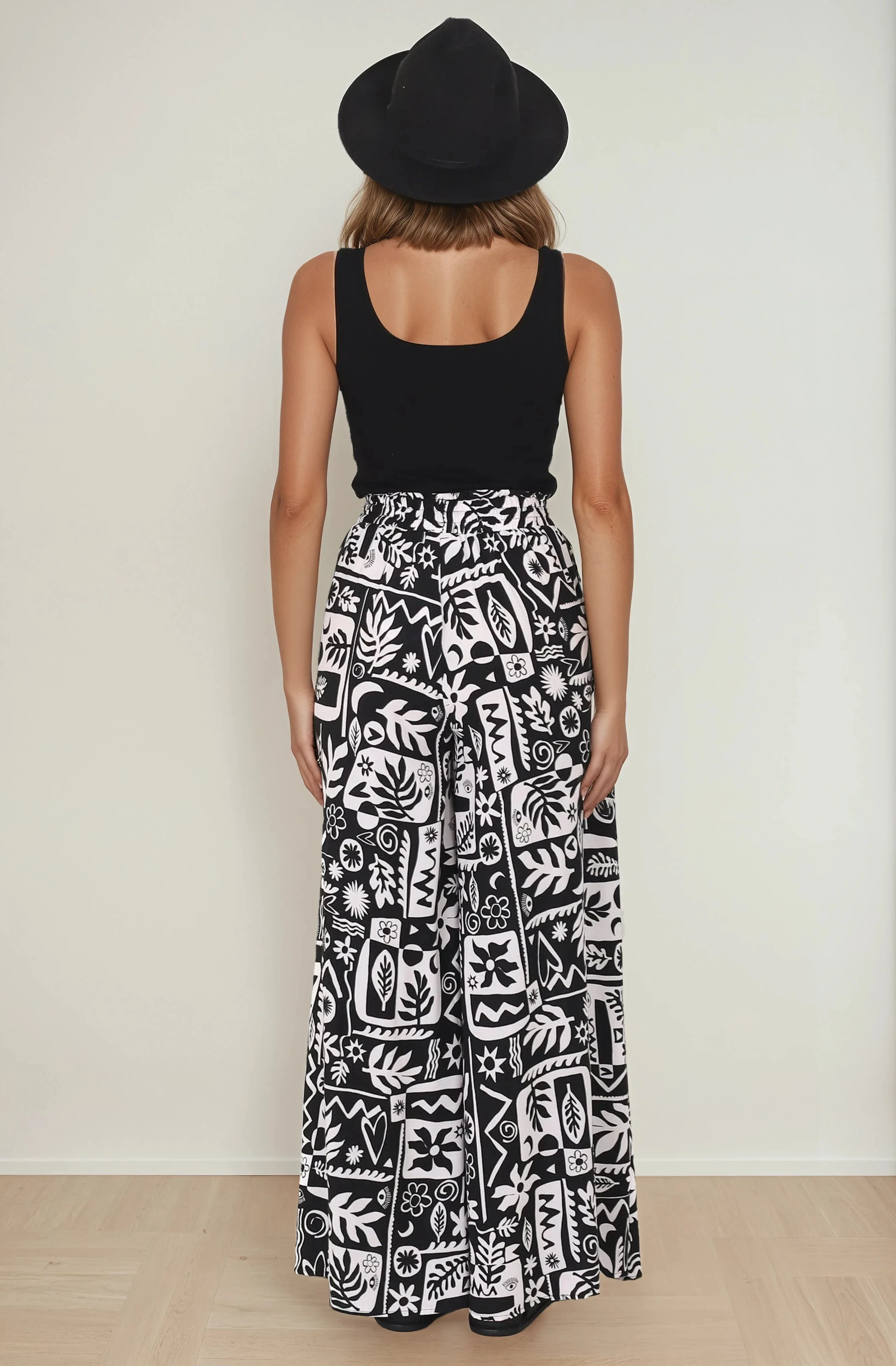 Ashora Pants - Paper Bag High Waisted Wide Leg Pants with Black & White Graphic Print - Image 16