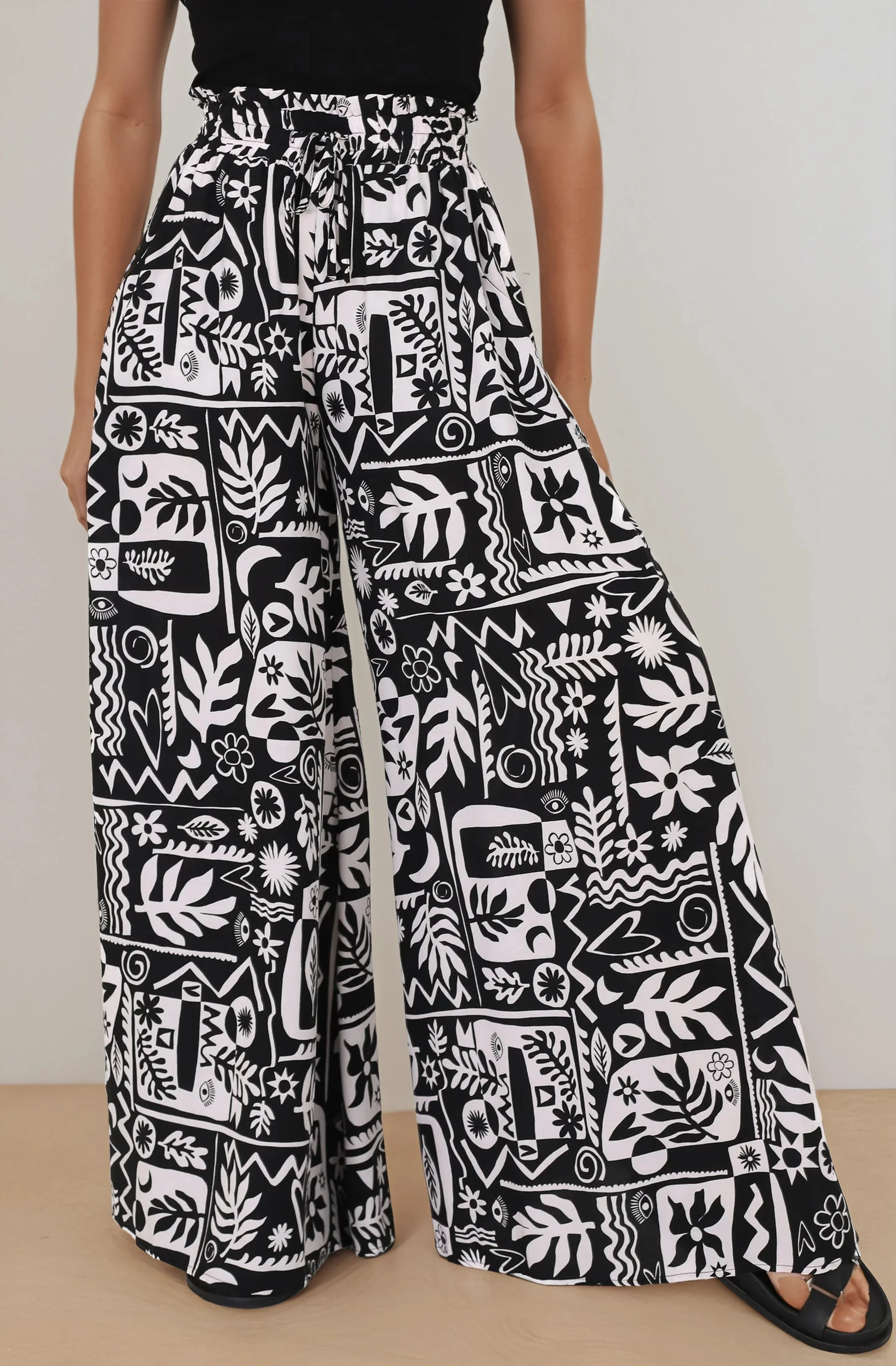 Ashora Pants - Paper Bag High Waisted Wide Leg Pants with Black & White Graphic Print - Image 17