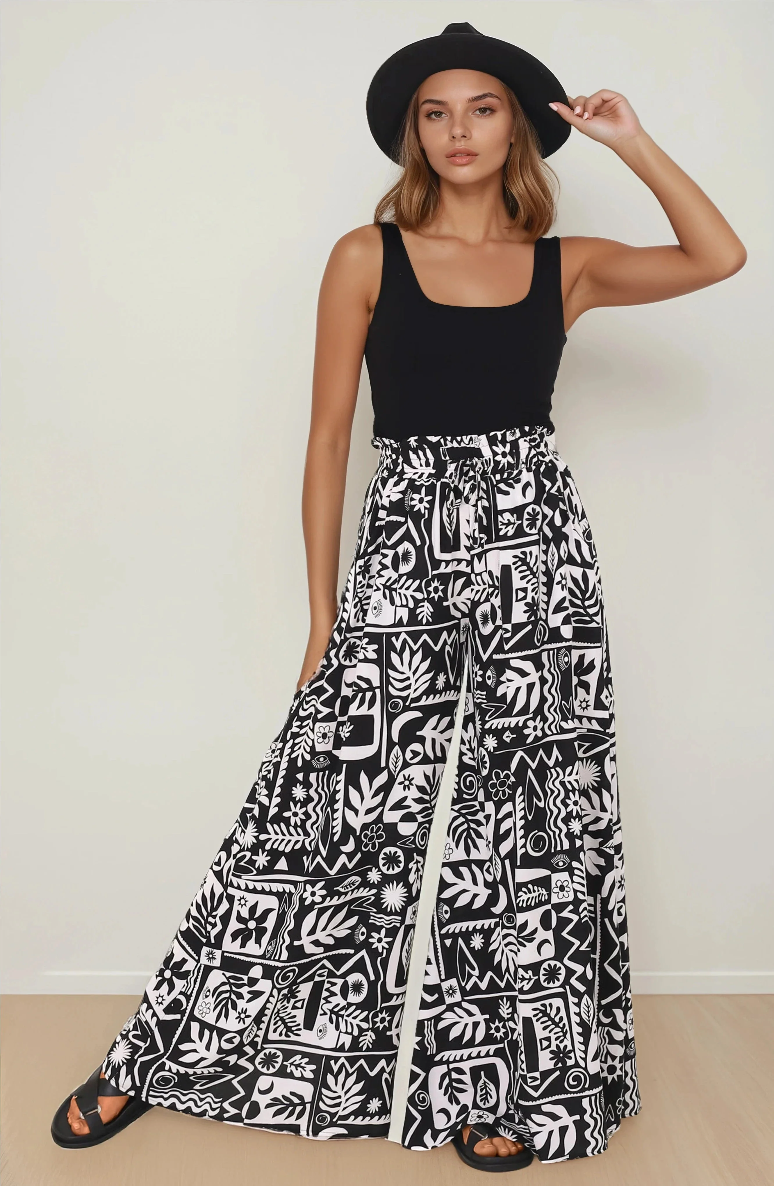 Ashora Pants - Paper Bag High Waisted Wide Leg Pants with Black & White Graphic Print - Image 9