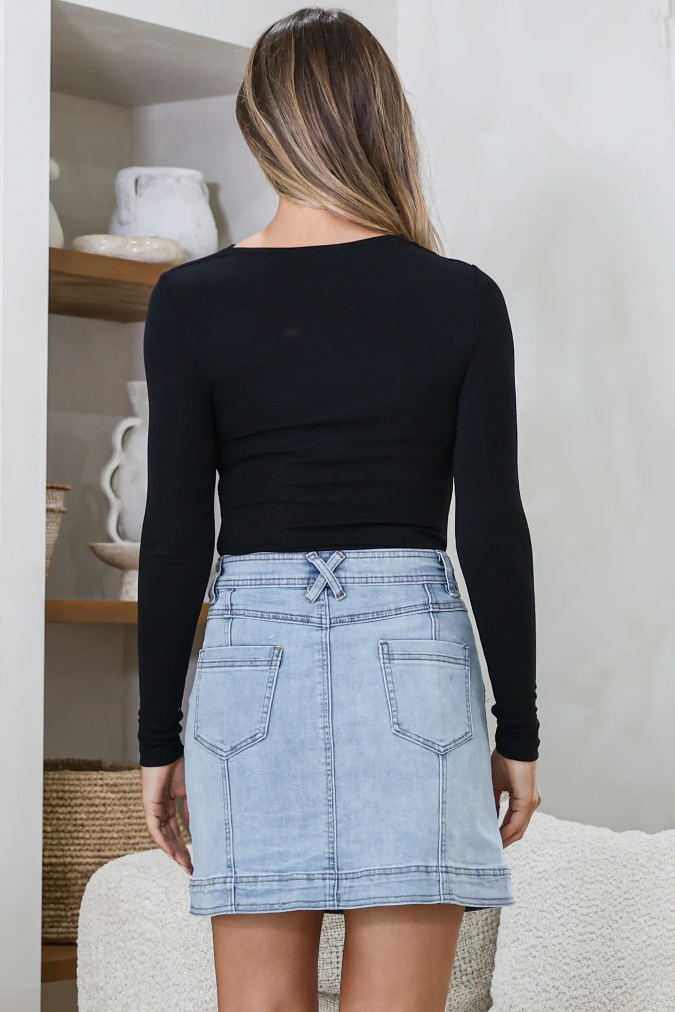 Astin Denim Mini Skirt - High Waisted Contrast Stitched A-Line Skirt in Light Denim - Image 5