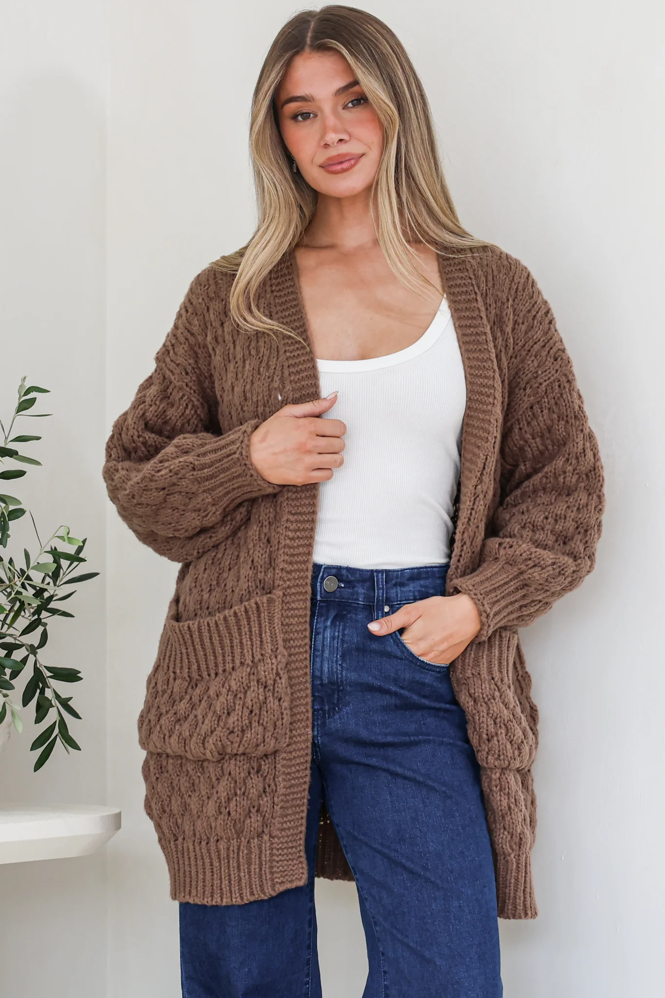 Attlee Cardigan - Chunky Open Cable Knit with Pockets and Rib Knit Trim in Coffee - Image 2
