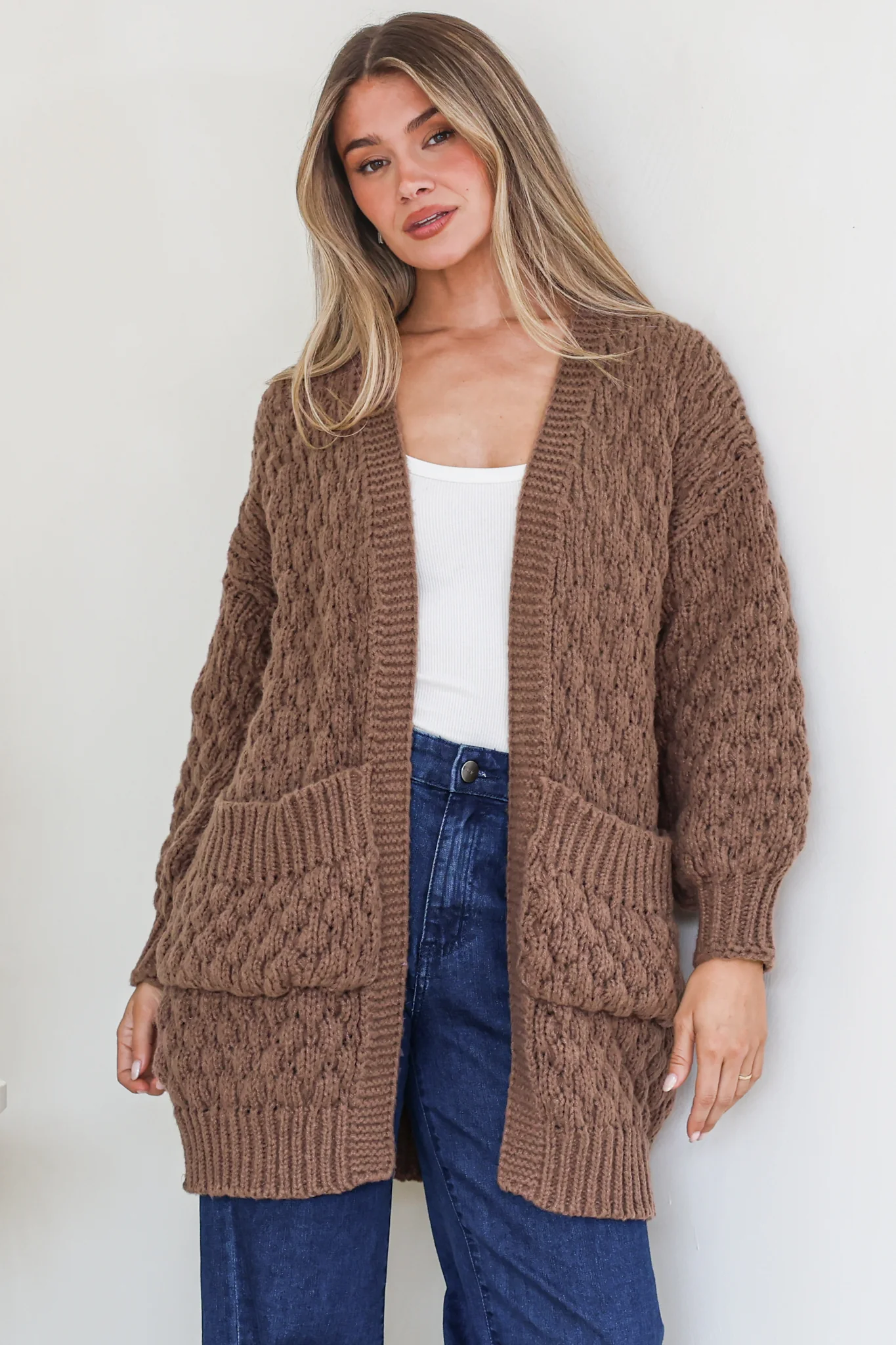 Attlee Cardigan - Chunky Open Cable Knit with Pockets and Rib Knit Trim in Coffee - Image 3