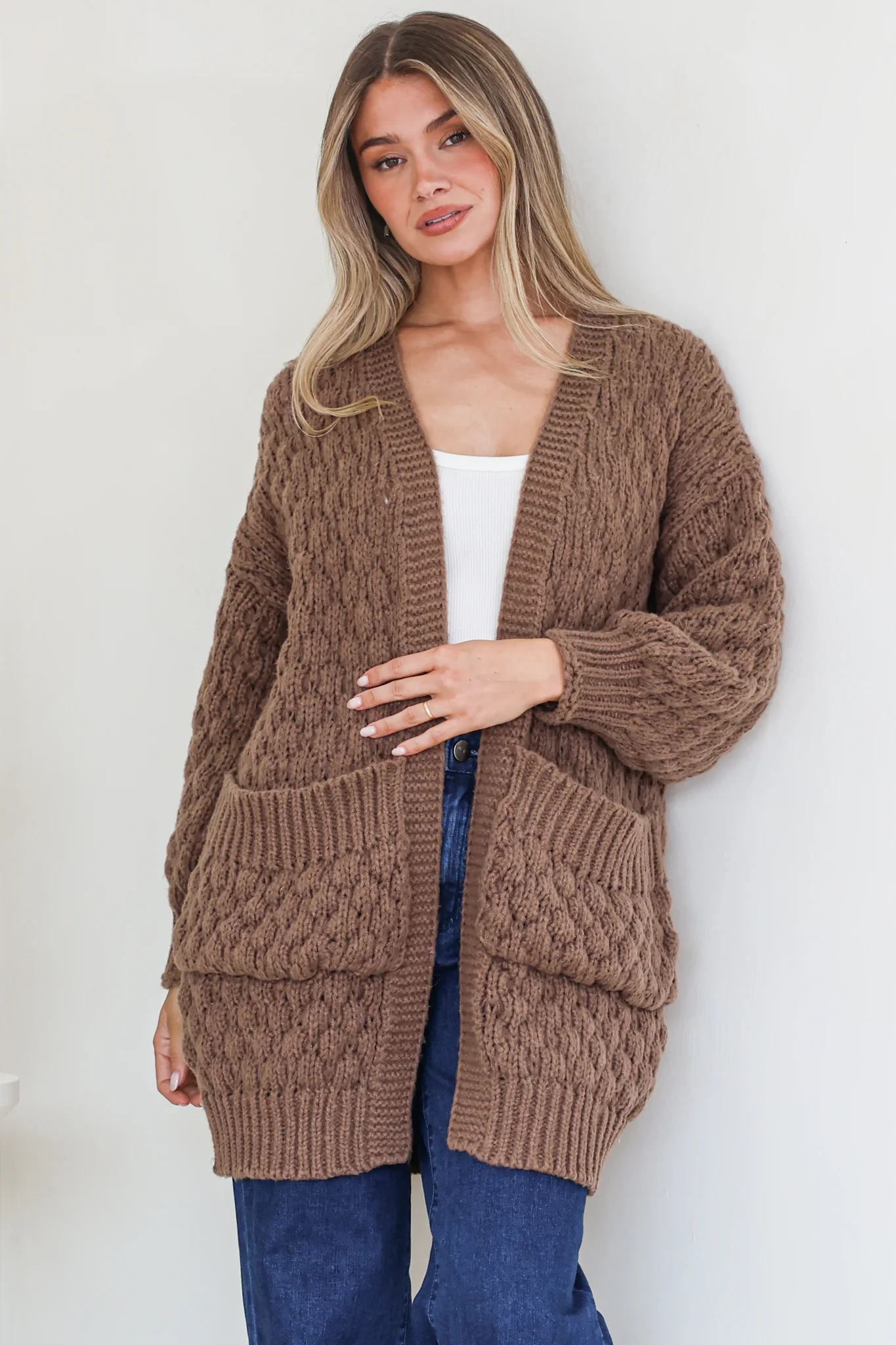 Attlee Cardigan - Chunky Open Cable Knit with Pockets and Rib Knit Trim in Coffee - Image 4