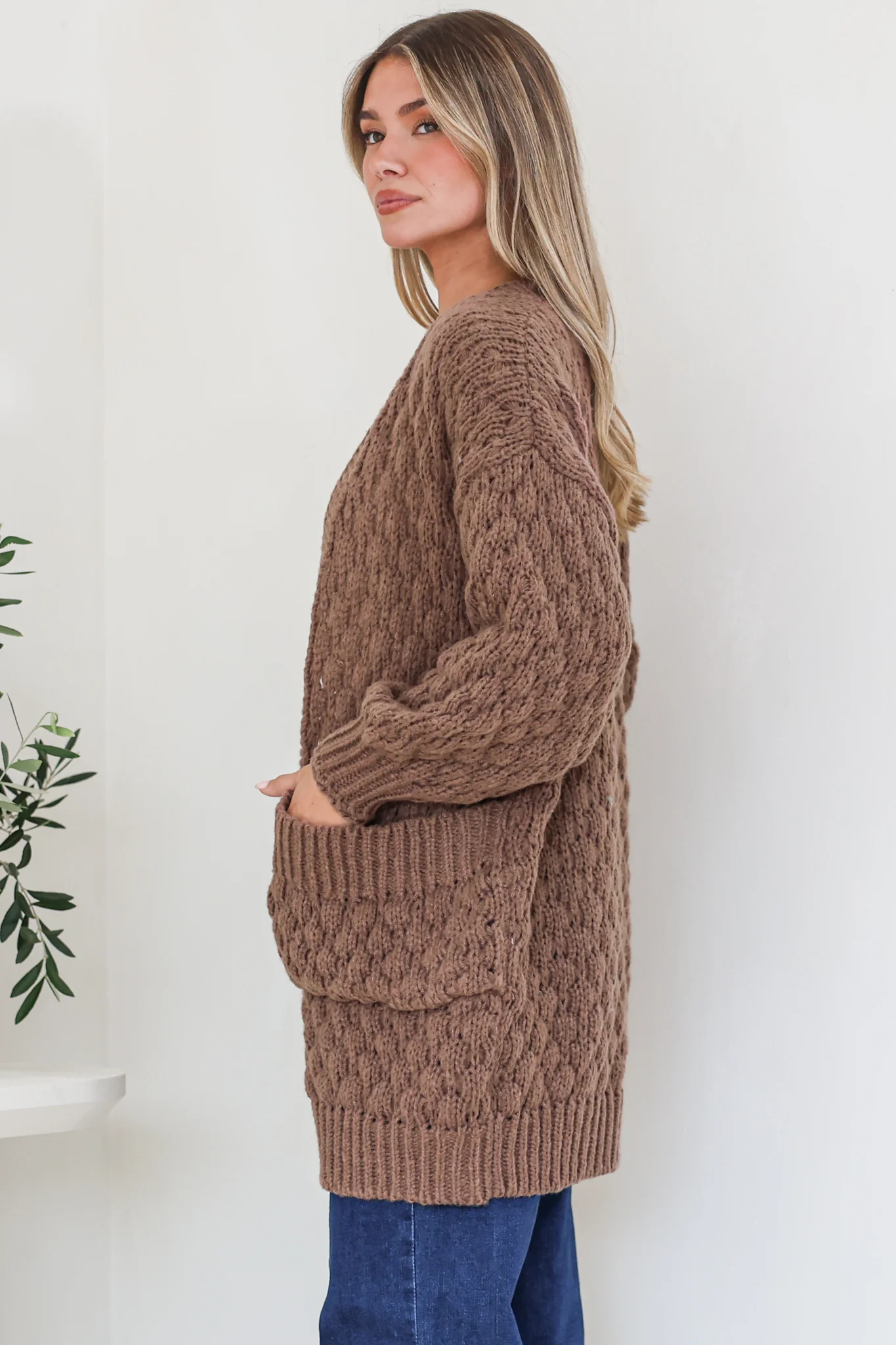 Attlee Cardigan - Chunky Open Cable Knit with Pockets and Rib Knit Trim in Coffee - Image 5