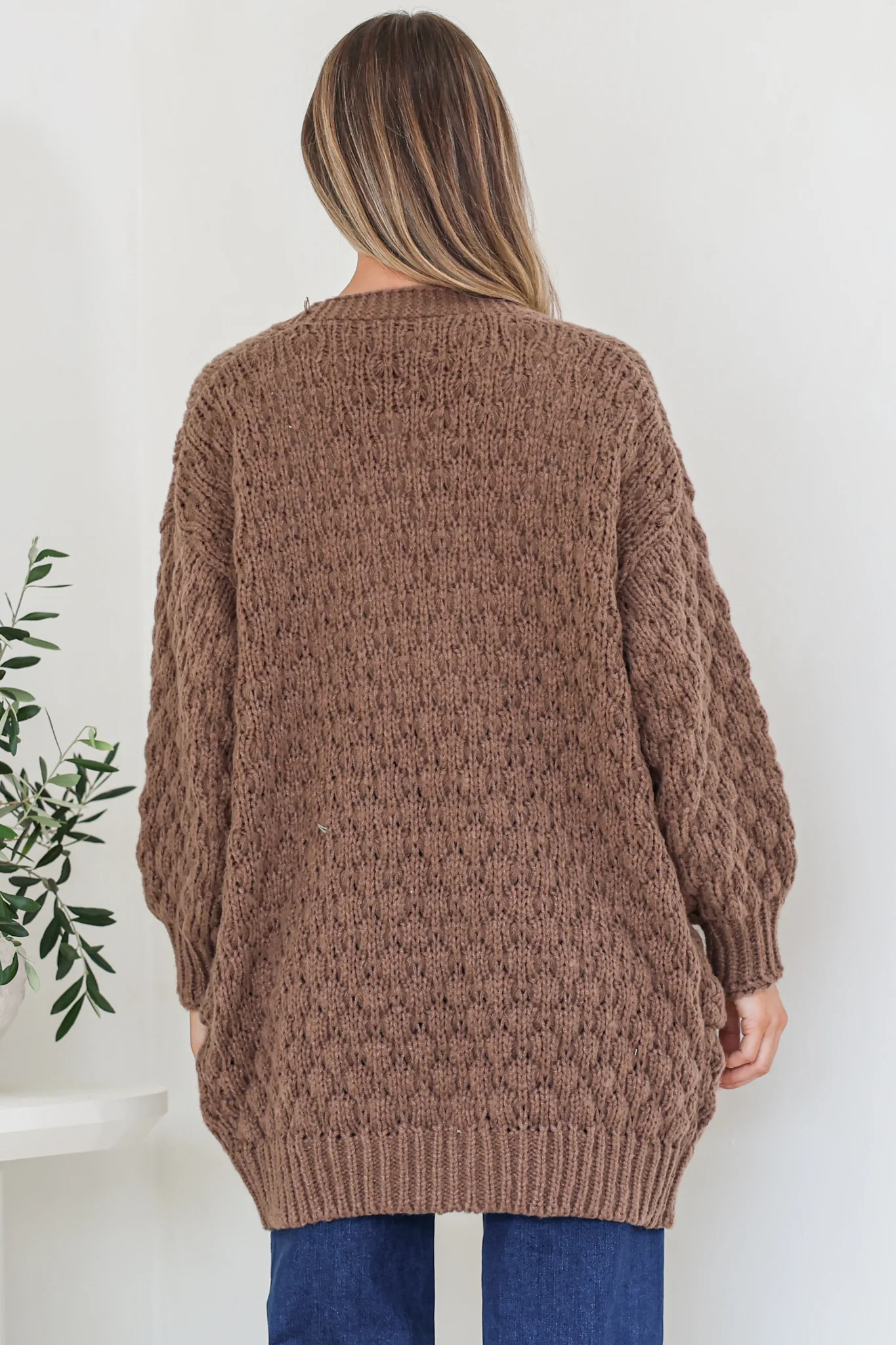 Attlee Cardigan - Chunky Open Cable Knit with Pockets and Rib Knit Trim in Coffee - Image 6