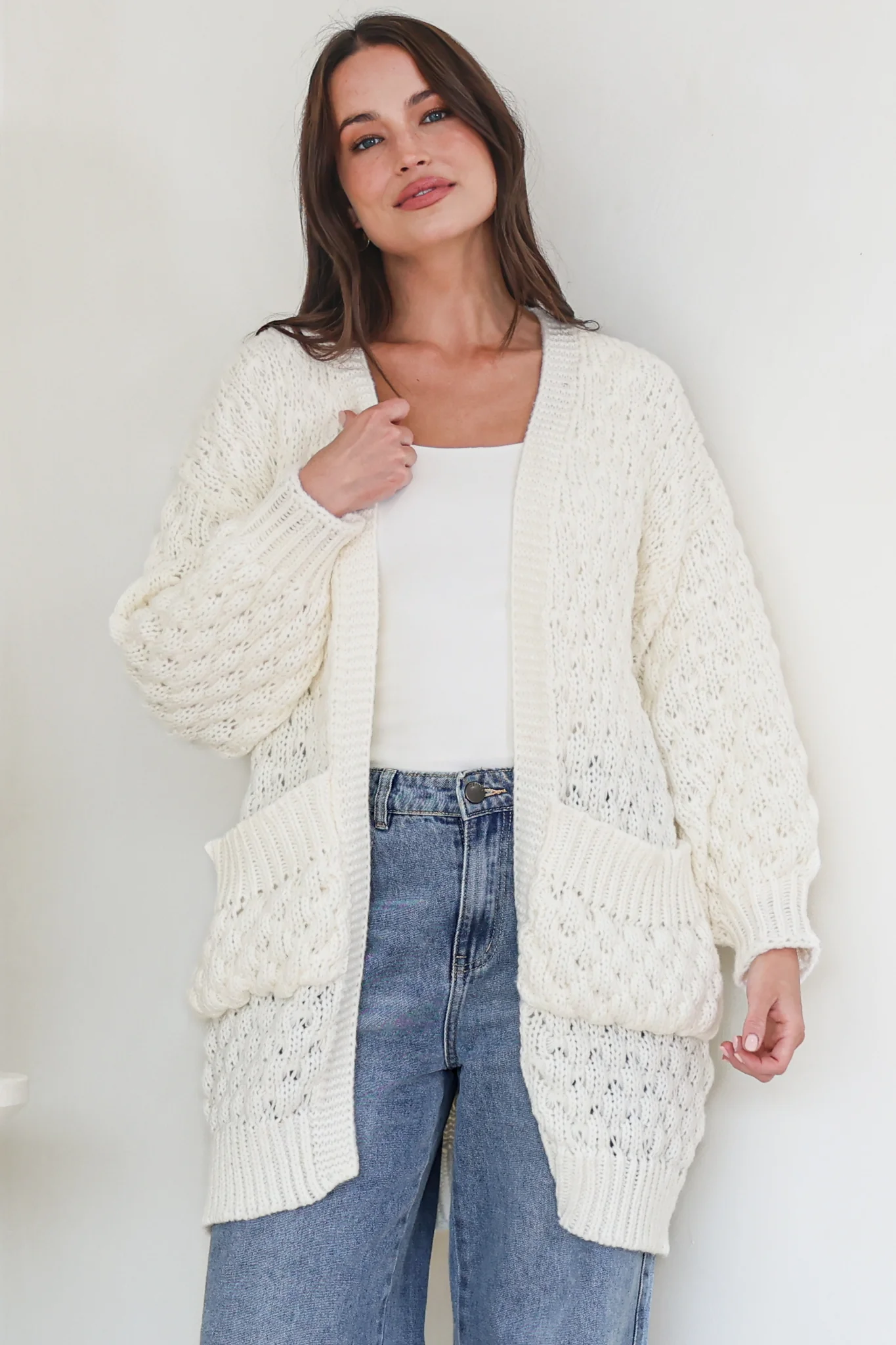 Attlee Cardigan - Chunky Open Cable Knit with Pockets and Rib Knit Trim in Cream