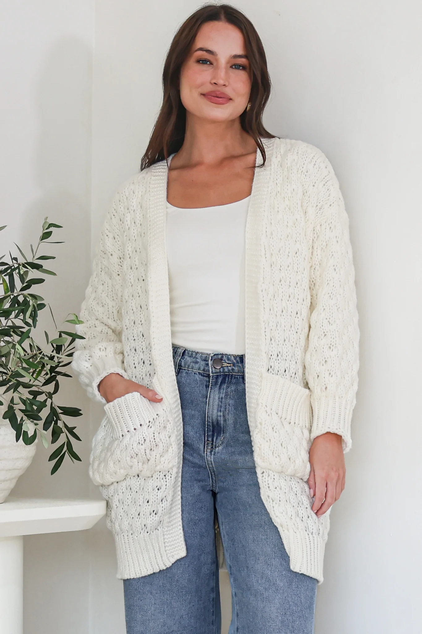 Attlee Cardigan - Chunky Open Cable Knit with Pockets and Rib Knit Trim in Cream - Image 2