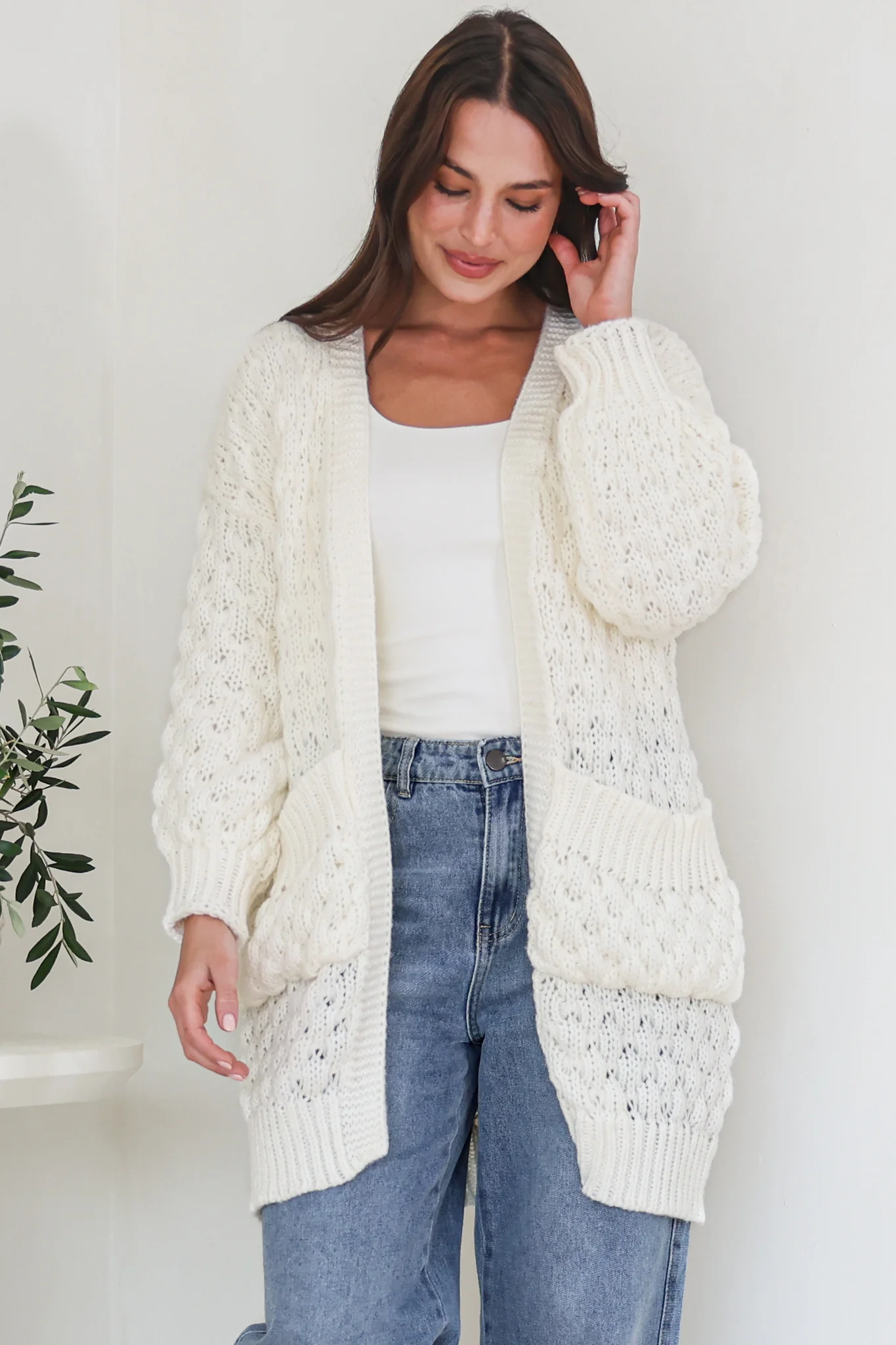 Attlee Cardigan - Chunky Open Cable Knit with Pockets and Rib Knit Trim in Cream - Image 3