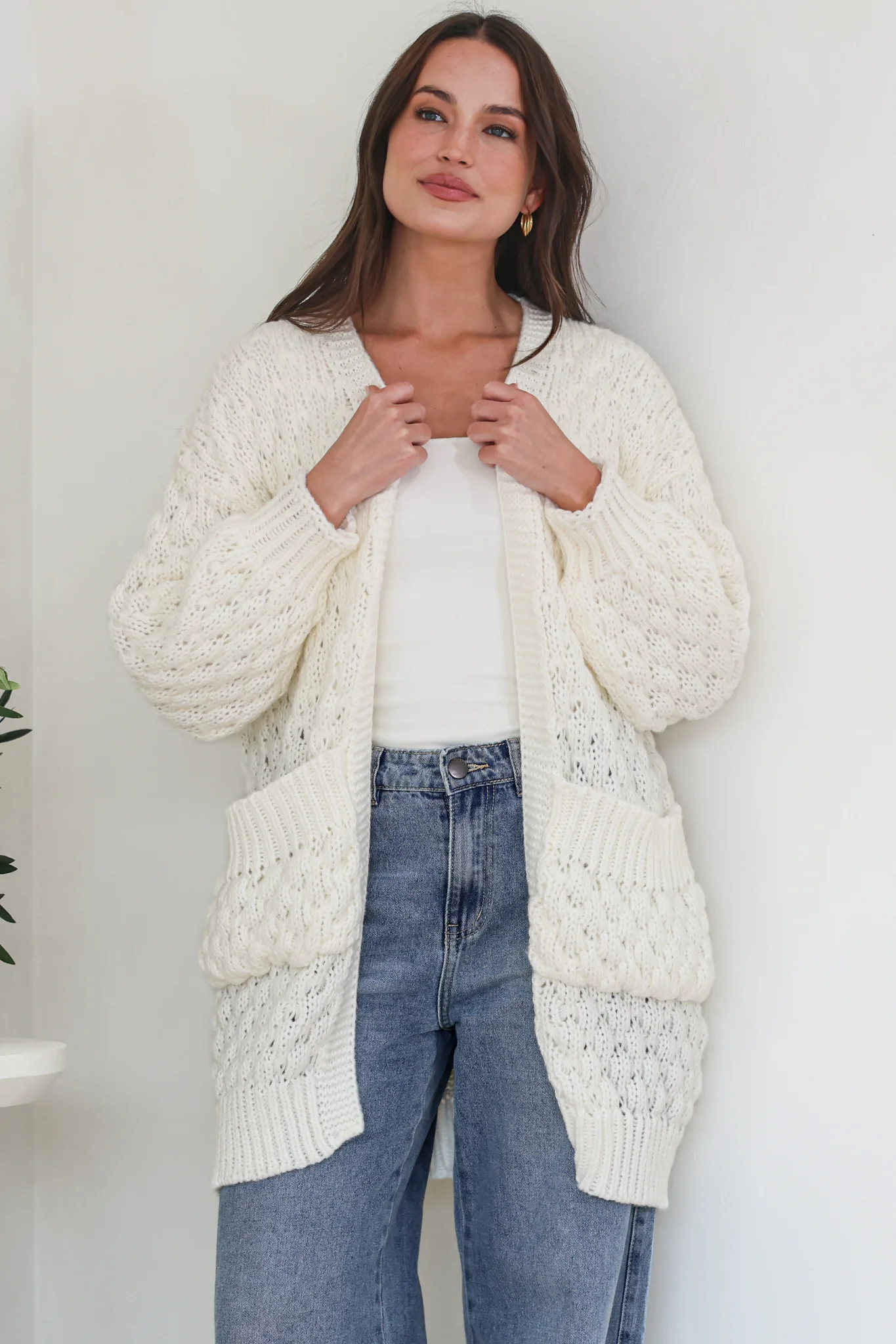 Attlee Cardigan - Chunky Open Cable Knit with Pockets and Rib Knit Trim in Cream - Image 4