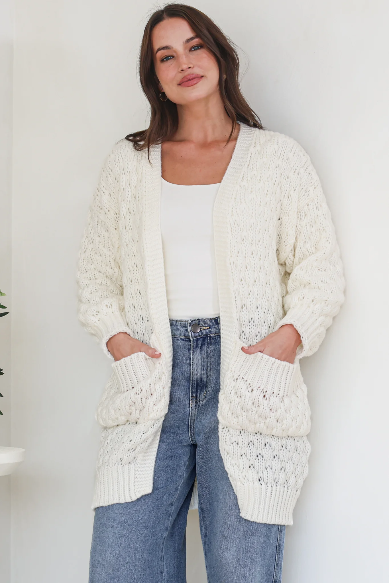 Attlee Cardigan - Chunky Open Cable Knit with Pockets and Rib Knit Trim in Cream - Image 5