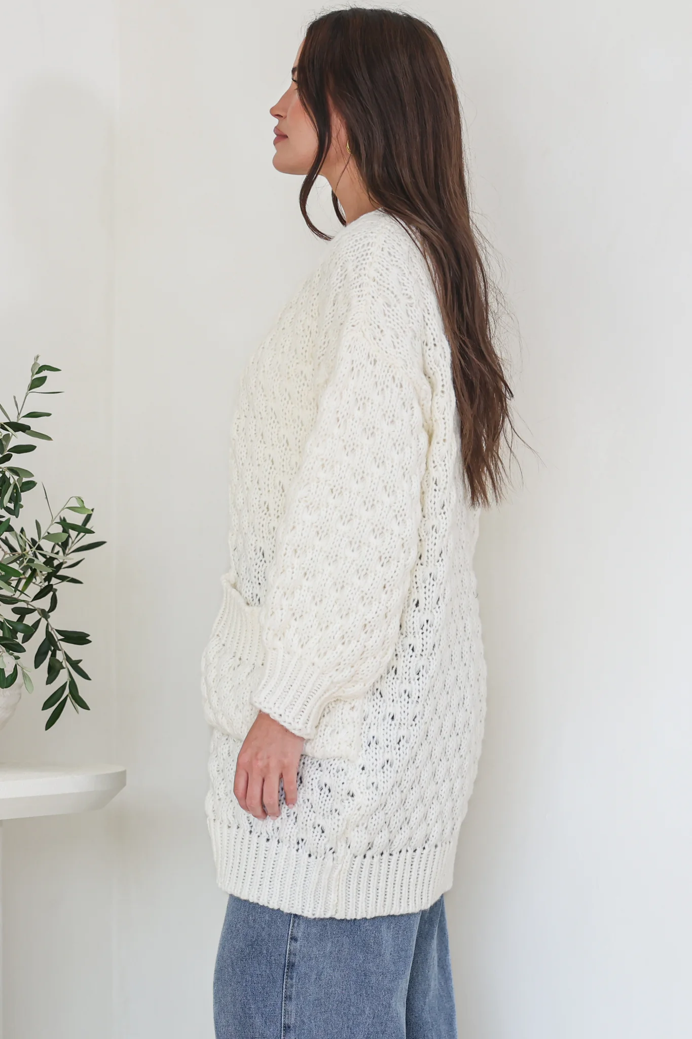 Attlee Cardigan - Chunky Open Cable Knit with Pockets and Rib Knit Trim in Cream - Image 6