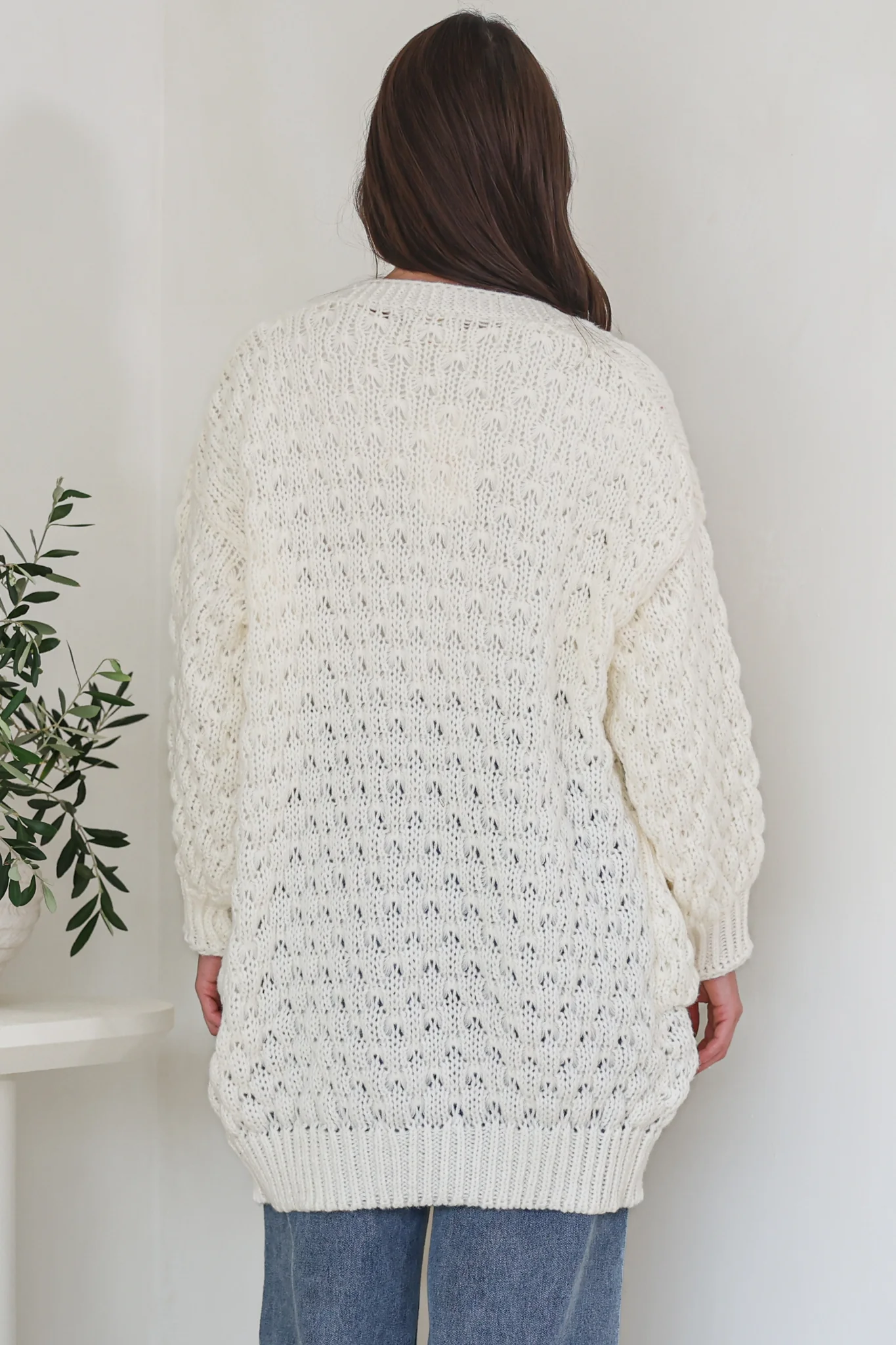Attlee Cardigan - Chunky Open Cable Knit with Pockets and Rib Knit Trim in Cream - Image 7