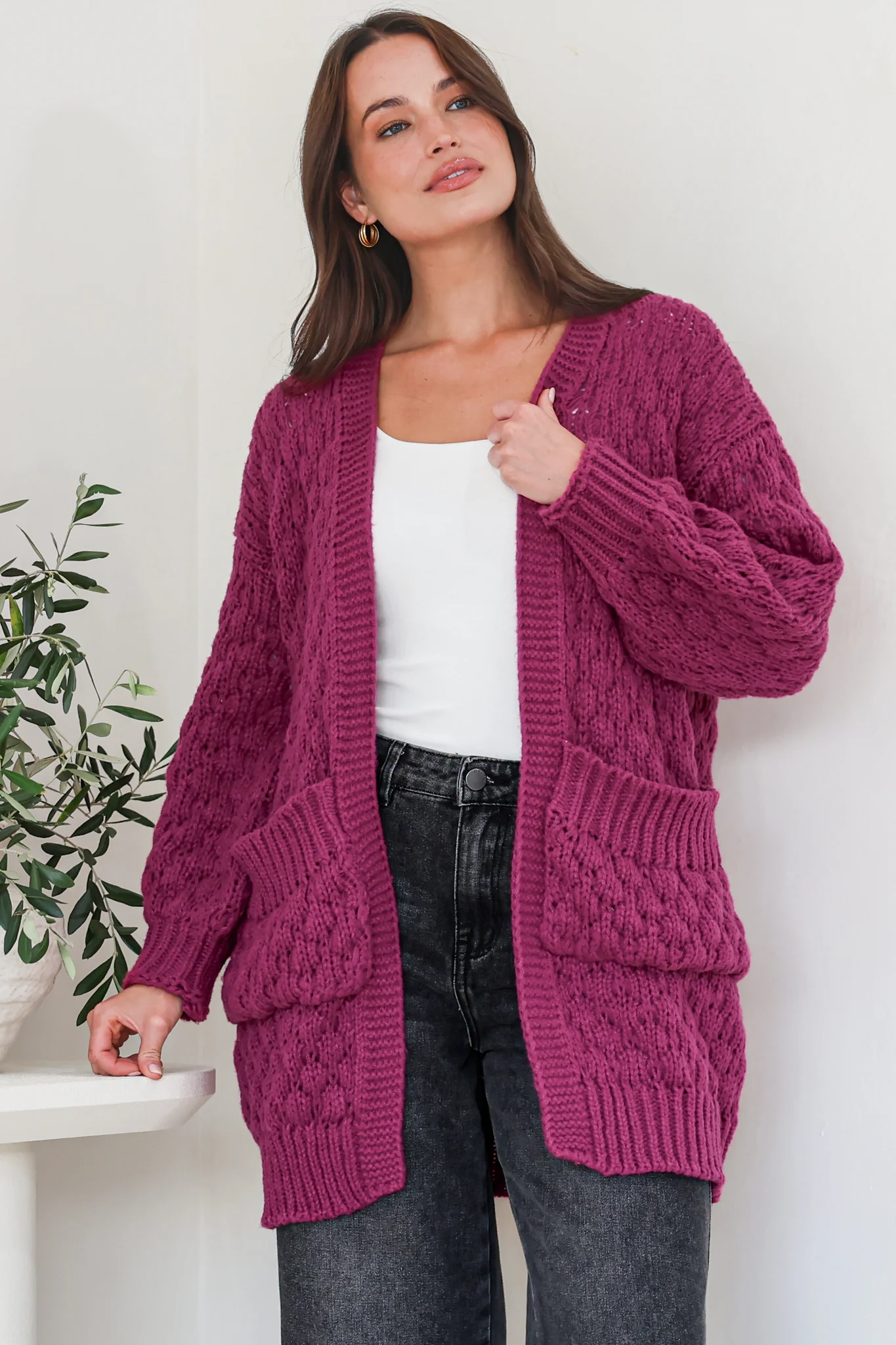 Attlee Cardigan - Chunky Open Cable Knit with Pockets and Rib Knit Trim in Grape - Image 2