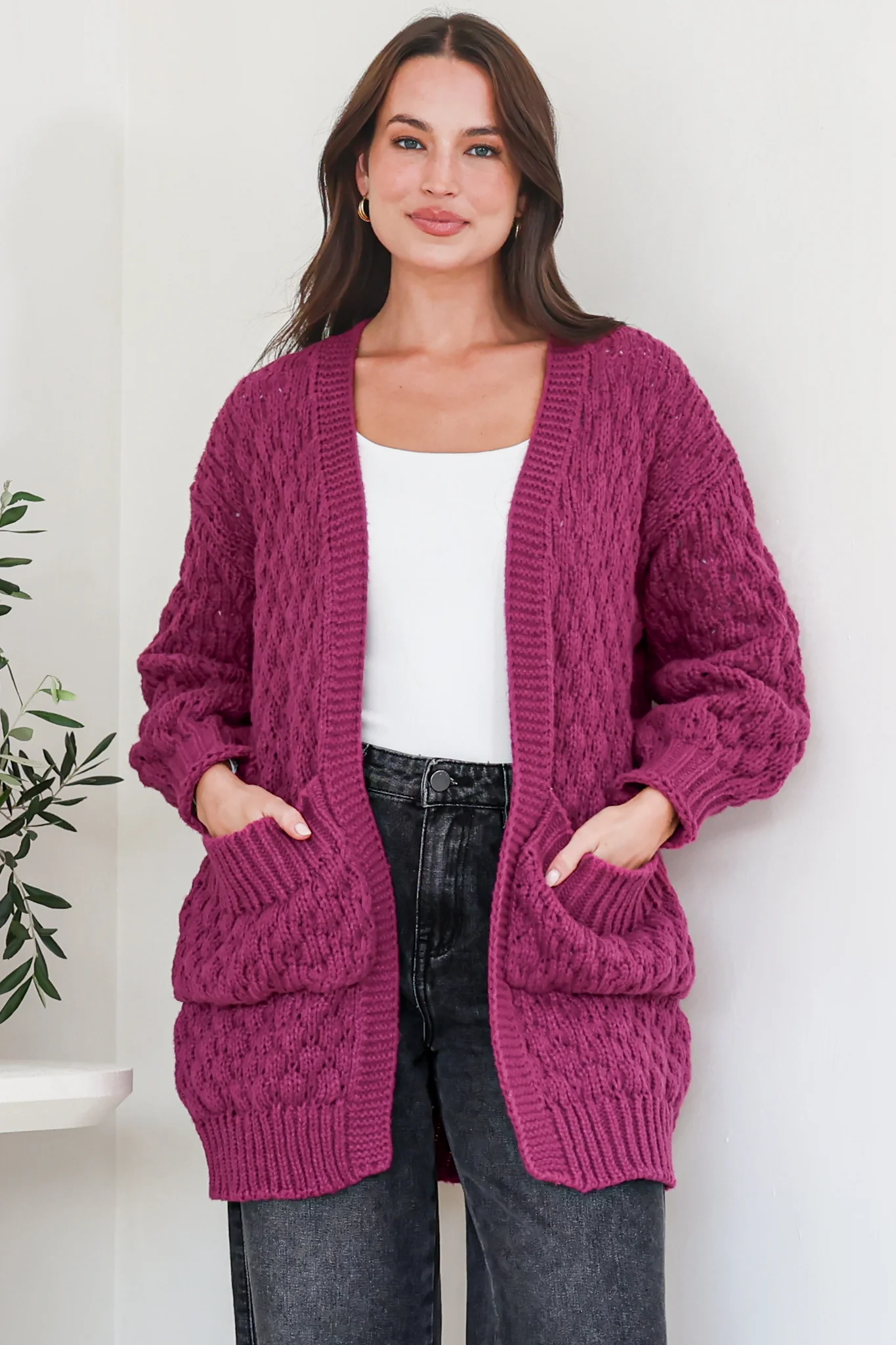 Attlee Cardigan - Chunky Open Cable Knit with Pockets and Rib Knit Trim in Grape - Image 3