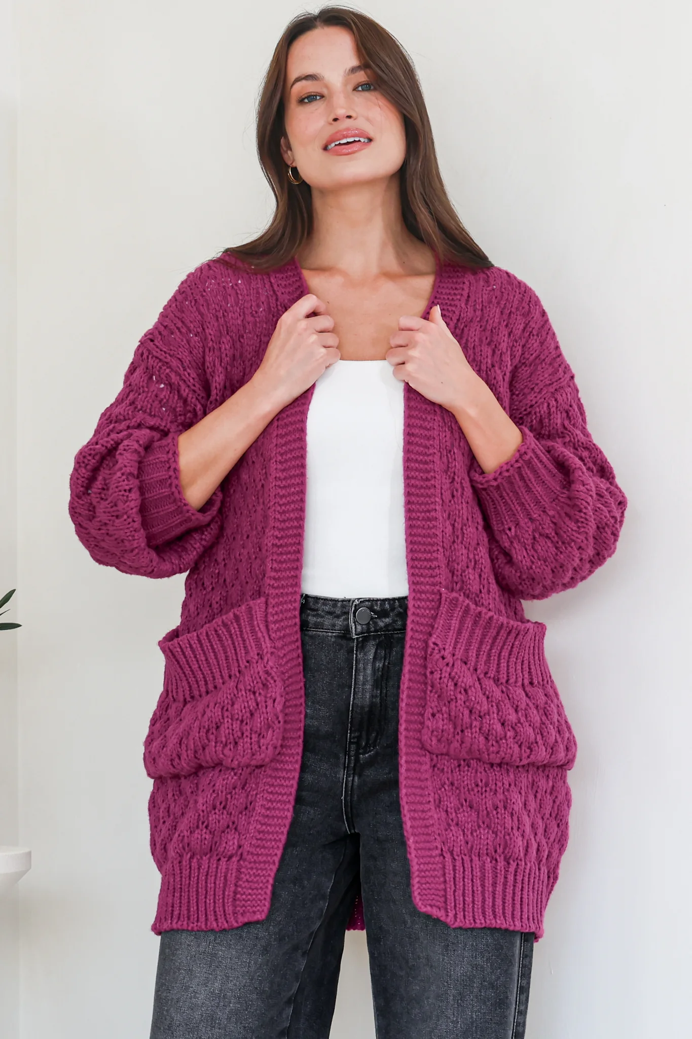 Attlee Cardigan - Chunky Open Cable Knit with Pockets and Rib Knit Trim in Grape - Image 4