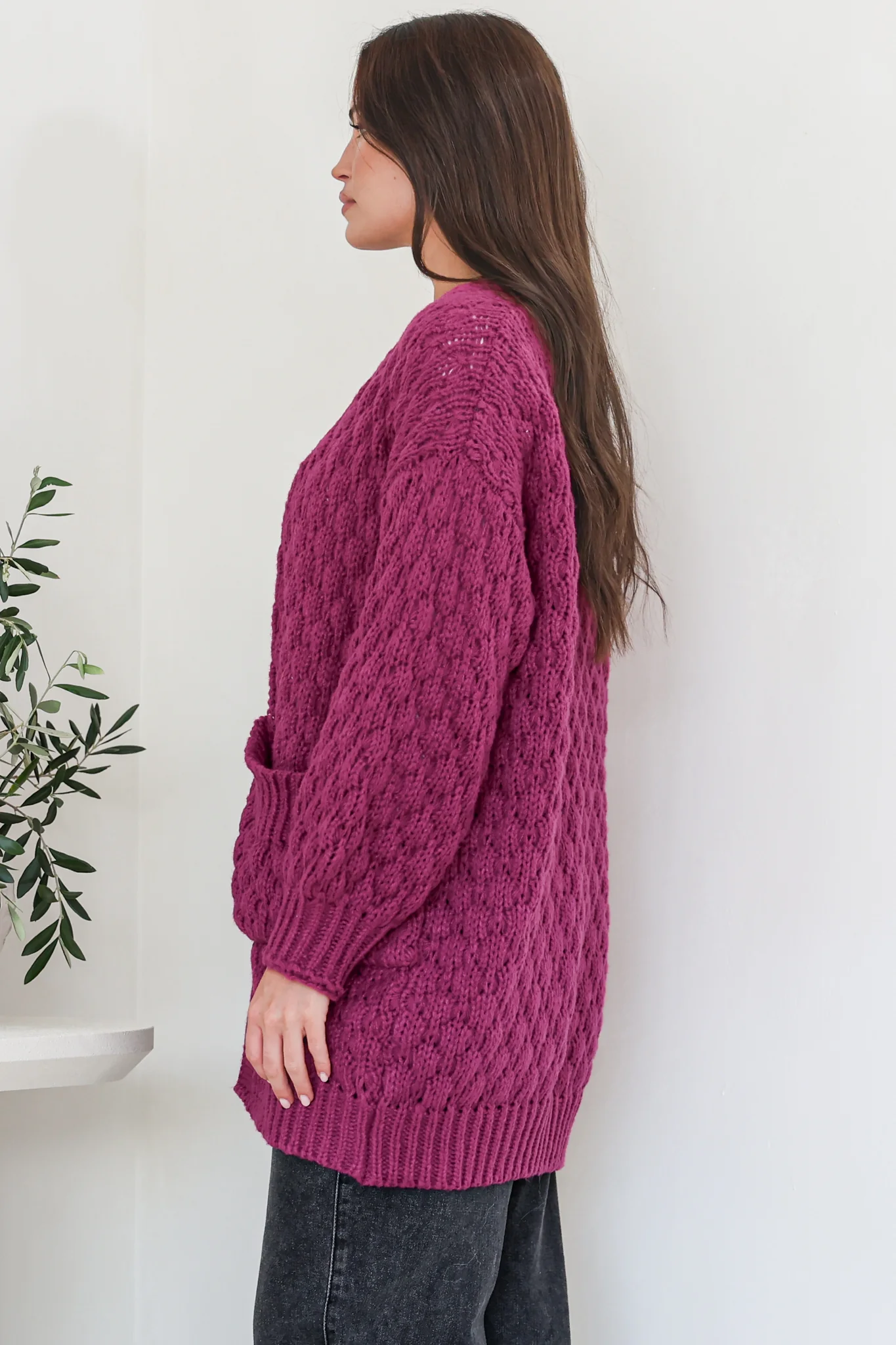 Attlee Cardigan - Chunky Open Cable Knit with Pockets and Rib Knit Trim in Grape - Image 5