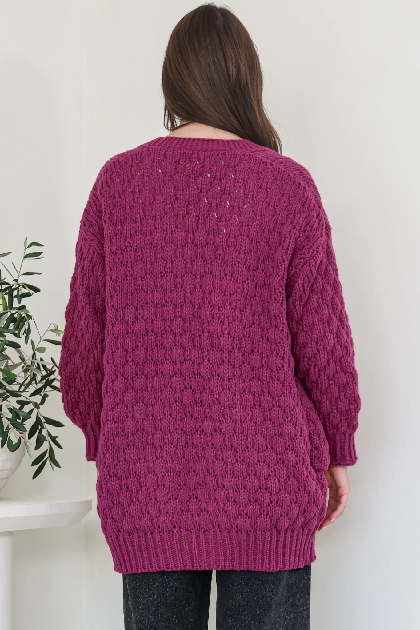 Attlee Cardigan - Chunky Open Cable Knit with Pockets and Rib Knit Trim in Grape - Image 6